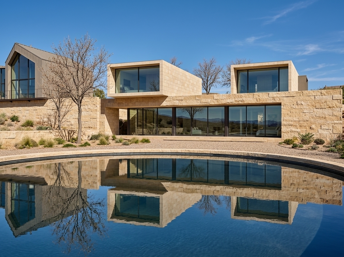 An incredibly lifelike, richly detailed, photorealistic wide-angle architectural photo of a modern desert retreat embedded naturally into the sloping terrain, featuring extensive rough-cut stone retaining walls, cantilevered limestone volumes, and a tranquil circular reflecting pool in the foreground. The scene is illuminated by crisp, bright midday spring sunlight, creating an open, serene, and sophisticated atmosphere. Captured with a high-end tilt-shift lens on a full-frame camera, emphasizing the tactile, porous texture of the sand-toned stone masonry, the crystal-clear reflections across the panoramic glass facade of the subterranean living room, and the striking geometric precision of the earthy architecture harmonizing with the surrounding desert environment.