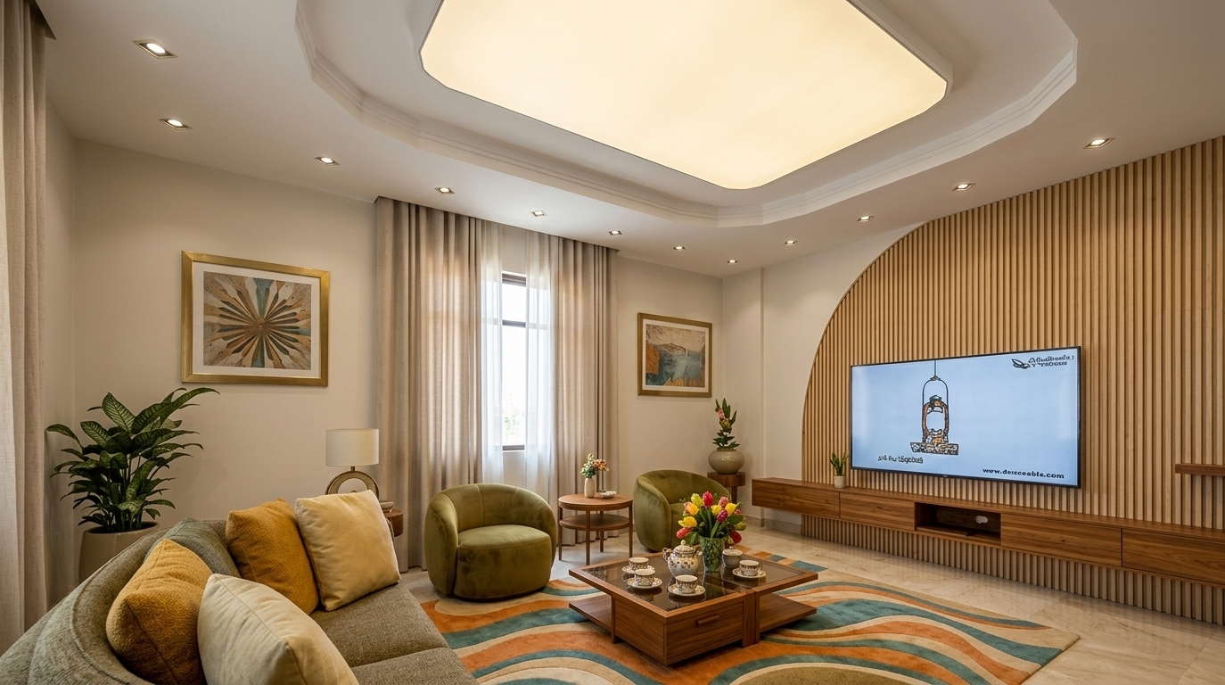 An incredibly lifelike, richly detailed, photorealistic wide-angle interior shot of a sophisticated mid-century modern living room set in an elegant contemporary home. The scene is illuminated by gentle daylight filtering through tailored drapery alongside a softly glowing geometric tray ceiling and sleek recessed spotlights, creating a warm, functional, and uncluttered atmosphere. Captured with a professional 24mm tilt-shift architectural lens, emphasizing the fine linear texture of the blonde wood-slat feature wall, polished marble flooring, and rich textile upholstery. In the living area, an inviting curved sectional sofa adorned with mustard and cream cushions faces a pair of iconic olive-green tub chairs surrounding a sleek, multi-tiered coffee table decorated with a ceramic tea set and vibrant floral blooms. The feature media wall showcases an organic curved accent panel overlaid with vertical timber slats and floating low-profile teak cabinetry, perfectly complemented by framed abstract art with pops of warm orange and muted earth tones, lush indoor greenery, and a dynamic swirling rug that ties the entire retro-inspired, timeless space together.