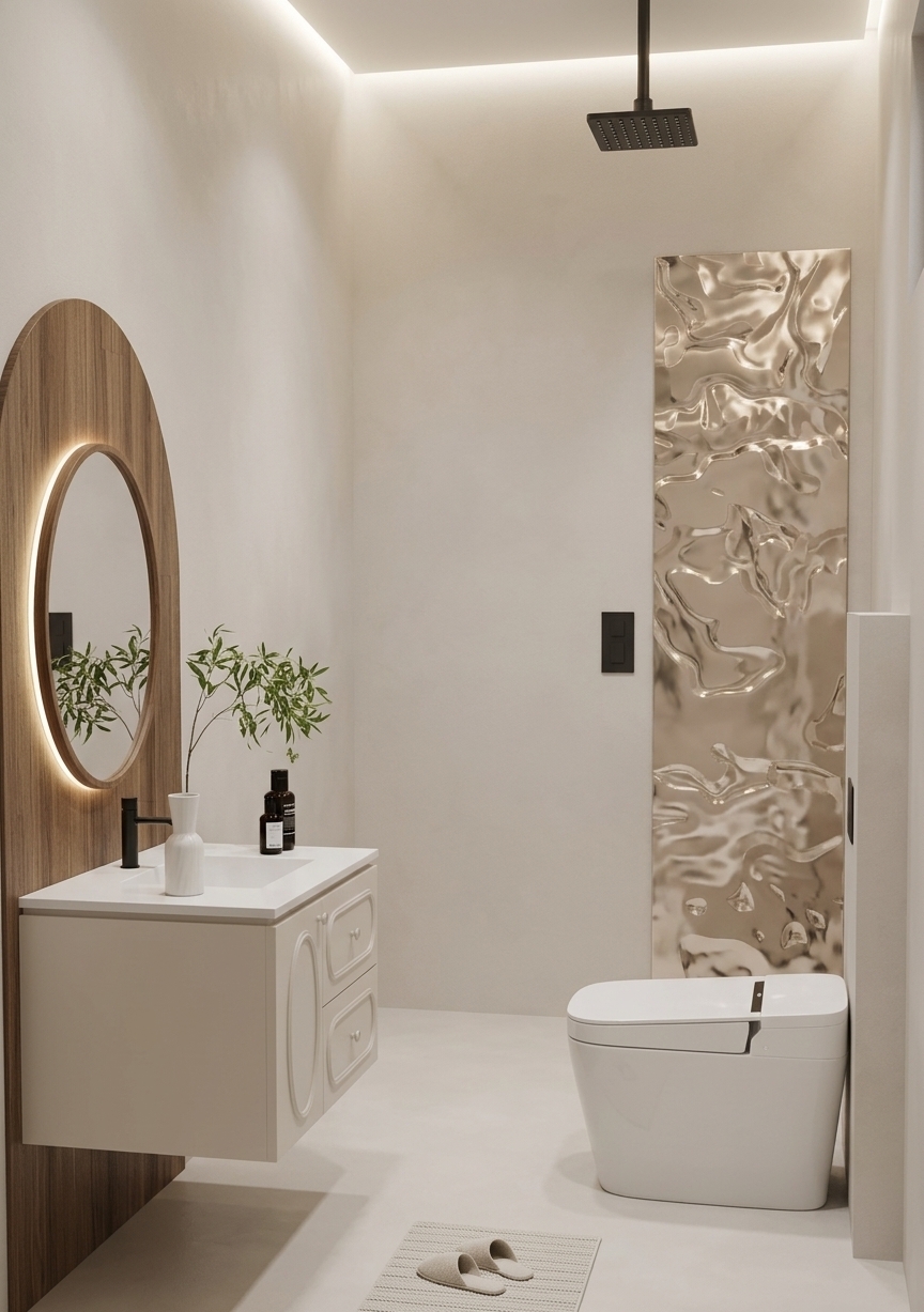 An incredibly lifelike, richly detailed, photorealistic eye-level interior shot of a modern fusion bathroom set in a sleek contemporary urban residence. The scene is illuminated by soft, diffused perimeter cove lighting and gentle, warm mirror backlighting, creating a serene, tranquil, and sophisticated atmosphere. Captured with a professional 35mm architectural lens, emphasizing the tactile textures, smooth polished surfaces, and refined geometric forms. On the left, an elegant floating off-white vanity with subtle neoclassical side molding is anchored against a tall arched panel of rich vertical wood grain, accented by an illuminated circular mirror with a slim wooden frame. A minimalist matte-black faucet pairs with a pristine white countertop, elegantly styled with a slender white ceramic vase holding fresh leafy greenery and dark apothecary bottles. To the right, a sleek, angular white smart toilet rests gracefully upon the pale, seamless microcement floor beside a minimal textured bath mat and plush slippers. Rising vertically behind the toilet is a striking floor-to-ceiling strip of liquid-rippled champagne-metallic abstract wall art, which catches the light beside a ceiling-mounted industrial matte-black rain shower head, harmoniously balancing natural textures, metallic sophistication, and bold contemporary minimalism.