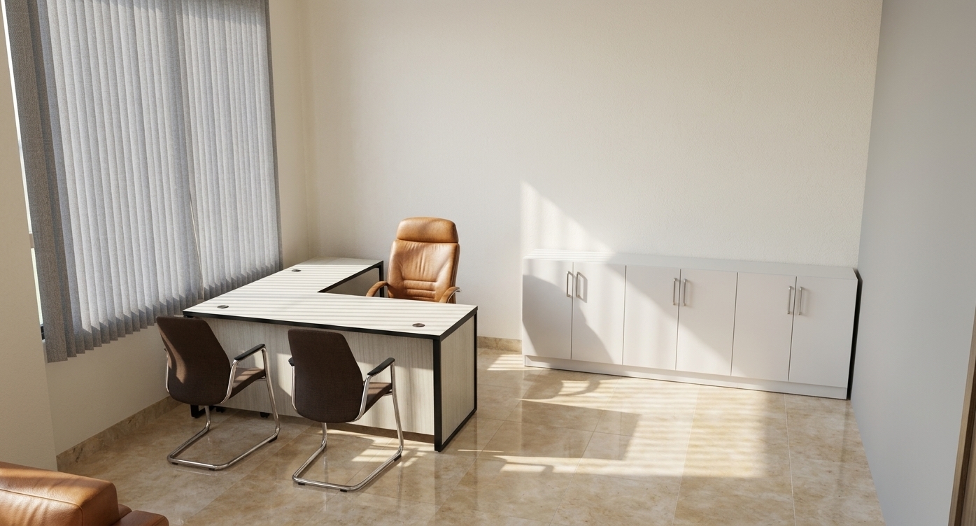 A crisp architectural photograph of the office scene captured during a bright summer midday, maintaining the exact layout, geometry, and camera framing. Direct, high-angle sunlight filters through the vertical window blinds, casting sharp geometric light patterns and harsh, realistic shadows across the warm ceramic floor tiles and desks. The pale wood laminate desk surfaces, chrome chair bases, and textured upholstery exhibit authentic micro-textures, reflections, and subtle surface imperfections. Painted drywall shows gentle tonal gradients, while the cabinetry features natural matte finishes and brushed metal handles. The shot features sharp focus, natural color temperature, balanced contrast, subtle ambient occlusion, and faint photographic grain.