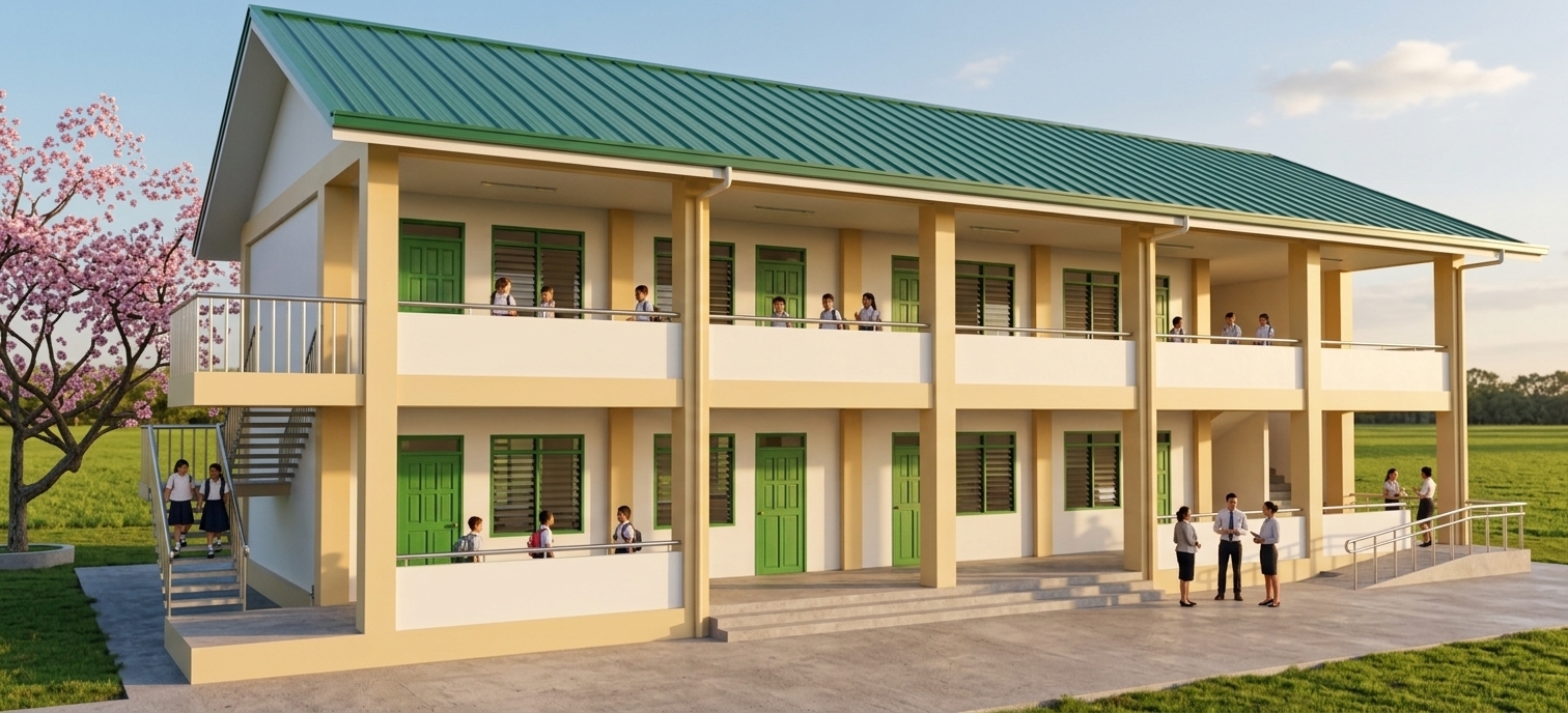 An incredibly lifelike, richly detailed, photorealistic wide-angle exterior shot of a modern two-story school building set in an open, sun-drenched campus bordered by lush green fields and a blossoming pink cherry tree. The scene is illuminated by the warm, radiant glow of a summer sunset, casting long, elegant shadows across the smooth concrete forecourt and creating an inviting, vibrant atmosphere. Captured with a professional tilt-shift architectural lens, emphasizing the crisp finish of the off-white stucco walls, warm yellow-beige load-bearing columns, and the distinct sheen of the pitched emerald-green metal roof. Across the open-air first and second-floor corridors, fine wood-grain hardwood panel doors finished in vivid green are paired with detailed glass jalousie louvered windows fitted with subtle headers and matching trim. Energetic school children in neat uniforms walk along the bright walkways and descend the side staircase, while attentive teachers stand conversing near the entrance and accessible ramp, bringing warmth, community, and realistic vitality to this minimalist educational haven.