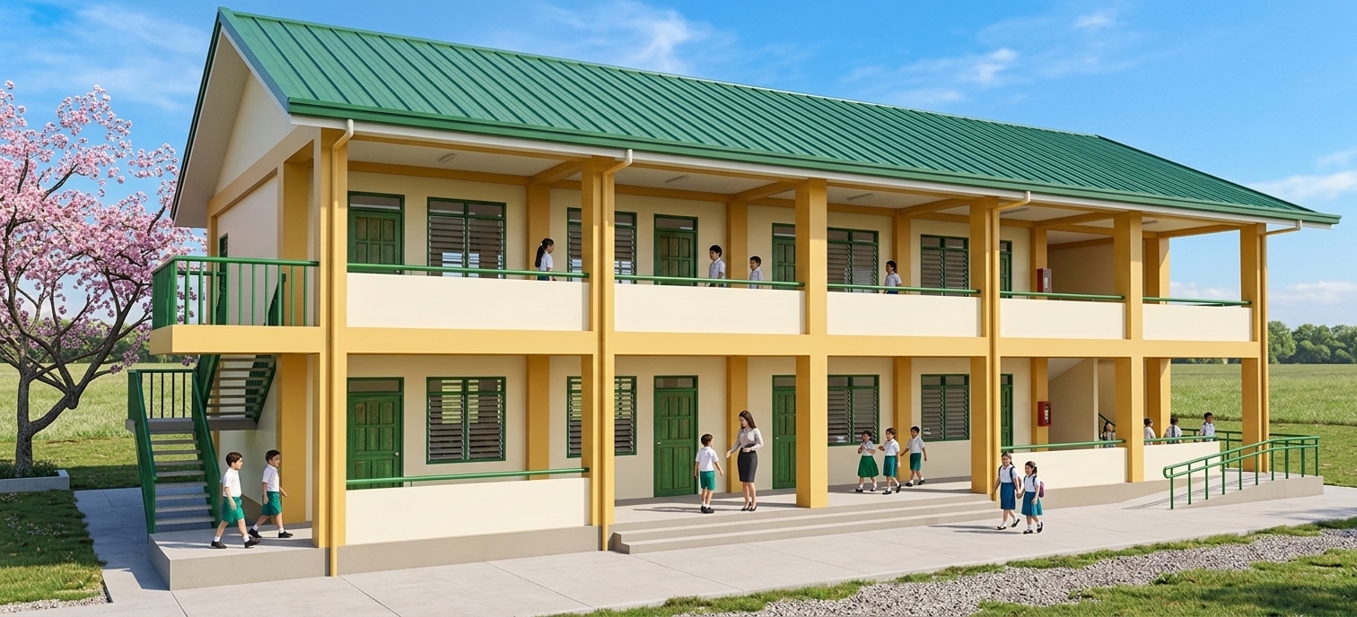 An incredibly lifelike, richly detailed, photorealistic wide-angle exterior architectural shot of a two-story tropical school building set in a sunlit, landscaped schoolyard. The scene is illuminated by bright midday summer sunlight casting sharp, clean shadows along the open hallways and ground plaza, creating an energetic, warm, and inviting educational atmosphere. Captured with a professional 24mm tilt-shift architectural lens, emphasizing the crisp corrugated profile of the emerald-green long-span metal roof, the rich grain on the green-painted hardwood panel doors, and the fine horizontal glass slats of the jalousie windows beneath their transom headers. 

Schoolchildren in tidy uniforms and teachers interact along the expansive cream and yellow-ochre colonnaded corridors and entrance ramp, bringing the campus to life. The exterior concrete features a clean, matte finish perfectly matching the warm cream and vibrant yellow structural beams, complemented by glossy green-accented steel railings, functional exterior stairways, smoothly paved concrete walkways, and lush surrounding greenery accented by blooming pink blossom trees under a brilliant blue summer sky.