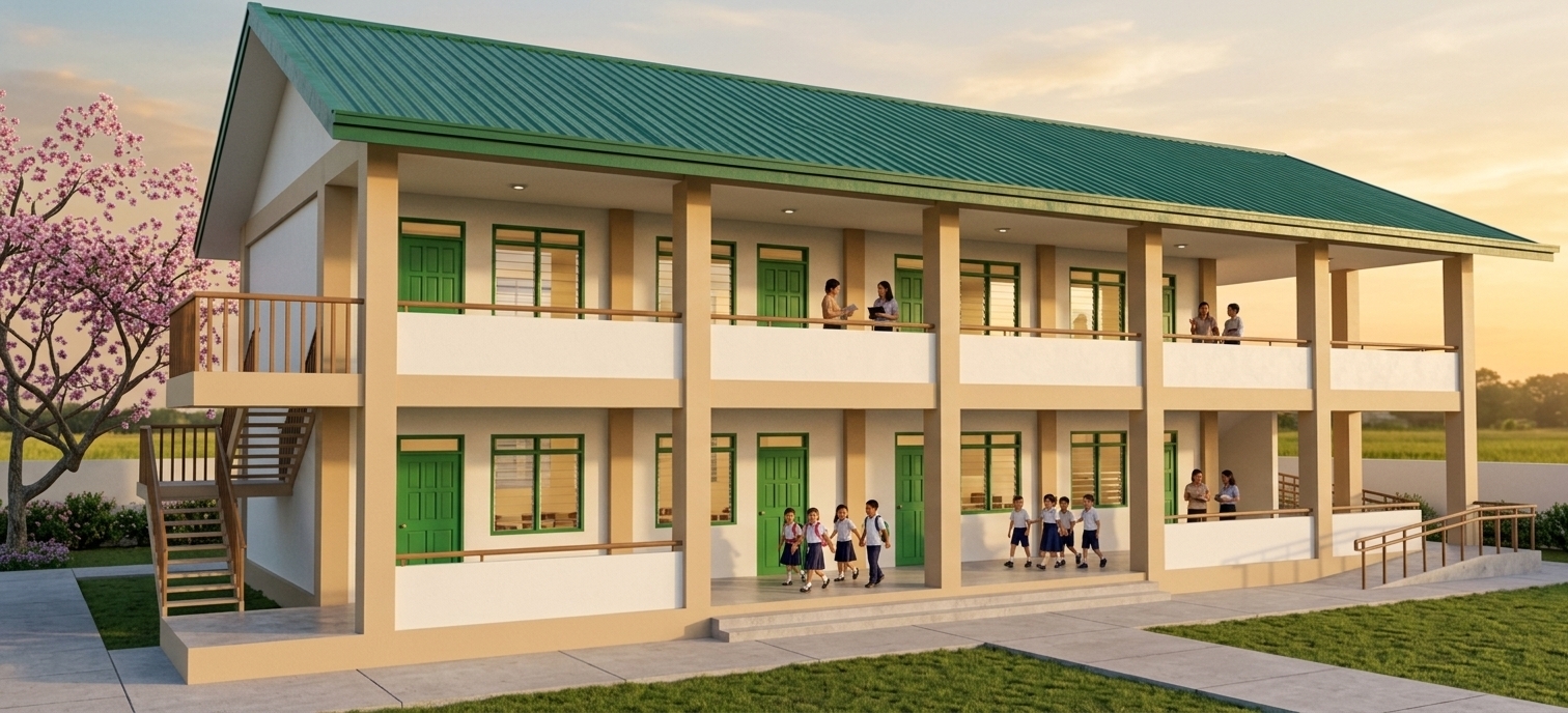 An incredibly lifelike, richly detailed, photorealistic wide-angle architectural shot of a modern two-story public school building set in a serene, landscaped campus bordered by open summer fields and blossoming pink trees. The scene is illuminated by the soft, golden radiance of a warm summer sunset, creating an inviting, lively, and nostalgic atmosphere. Captured with a professional full-frame camera and a 24mm tilt-shift lens, emphasizing the authentic textures of the emerald-green corrugated long-span metal roof, crisp off-white stucco exterior walls, and solid sandy-beige structural framing columns. Along the airy, covered open-corridor balconies, cheerful elementary school children in neat uniforms walk and laugh together while attentive teachers gather near classroom entryways fitted with vibrant green-painted hardwood panel doors. The front-facing exterior is defined by pristine three-panel glass jalousie windows equipped with neat lintel headers that reflect the warm sky, framed in matching green accents alongside the protective balcony railings, left-side access staircase, and accessible ground-floor ramp, flawlessly presenting the school as a clean, functional, and light-filled haven of education.