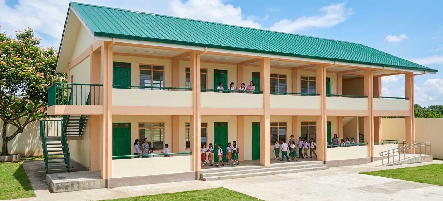An incredibly lifelike, richly detailed, photorealistic wide-angle exterior architectural shot of a modern two-story school building set in a vibrant, sunlit educational campus surrounded by lush green lawns and flowering trees. The scene is illuminated by bright, clear summer midday sunlight casting crisp, defined geometric shadows beneath the open-air verandas and overhanging eaves, creating a warm, cheerful, and welcoming atmosphere. Captured with a professional full-frame camera and a 24mm tilt-shift lens, emphasizing the authentic sheen on the corrugated long-span emerald-green metal roof, the crisp texture of the warm cream stucco walls, and the contrasting soft-peach structural columns and floor beams. Along the spacious ground and second-floor corridors, groups of school children in neat uniforms chat and walk alongside smiling teachers, infusing life into the minimalist, airy structure. Every classroom entrance features a rich green-painted hardwood panel door set within a matching frame, flanked by clean three-panel glass jalousie windows with headers that reflect the soft ambient light. Complete with safety railings painted in a complementary green, an exterior access staircase on the left, and a gentle accessibility ramp on the right, the entire concrete foundation rests cleanly on a pristine paved courtyard under a vivid summer sky dotted with soft white clouds.
