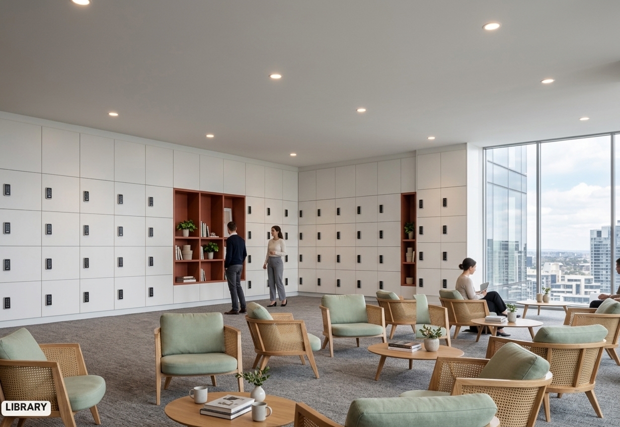 An incredibly lifelike, richly detailed, photorealistic wide-angle interior shot of a contemporary library lounge and workspace set in a high-rise urban interior. The scene is illuminated by gentle, warm recessed ceiling spotlights and bright, diffuse daylight pouring in through expansive floor-to-ceiling panoramic windows, creating a serene, minimalist, and uncluttered atmosphere. Captured with a professional full-frame camera and a 24mm architectural lens, emphasizing the clean lines of the matte white locker wall, accented with rich terracotta display niches containing curated books and potted greenery. In the foreground, an inviting arrangement of streamlined wooden armchairs with woven caned sides and soft sage-green pastel cushions clusters around low circular timber coffee tables, all set atop a textured gray carpet beneath vast sky views.