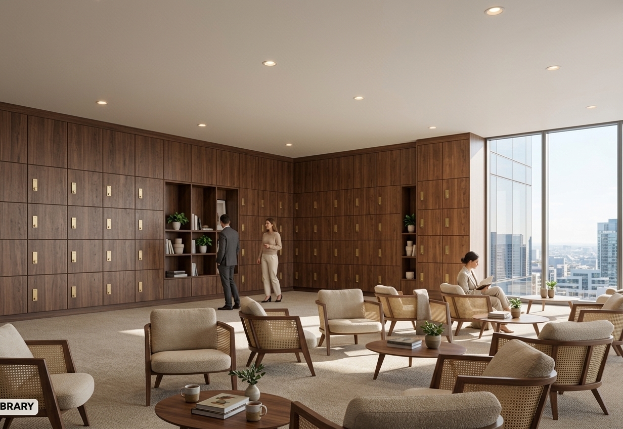 An incredibly lifelike, richly detailed, photorealistic wide-angle interior shot of a refined corporate home office lounge set in an upscale high-rise building. The scene is illuminated by bright midday daylight streaming through expansive floor-to-ceiling panoramic windows alongside warm, discreetly recessed ceiling downlights, creating a bright, sophisticated, and serene atmosphere. Captured with a professional 24mm tilt-shift lens, emphasizing the rich grain of used brown walnut woodwork, tactile beige linen upholstery, and pristine urban architecture. The formerly stark white wall-to-wall cabinetry has been transformed into full-height, richly textured brown wood lockers with seamless minimalist hardware, with the previously staggered units on the right now perfectly aligned in a sleek, uninterrupted vertical plane. Nestled throughout the expansive room are luxurious lounge groupings featuring curved wooden armchairs re-upholstered in soft, neutral beige bouclé and woven cane, completely replacing the former green tones with an earthy, tailored palette. Low circular wooden coffee tables showcase curated art books, artisanal ceramic mugs, and delicate greenery atop plush neutral carpeting, while the midday city skyline stands majestically in the background, completing a harmonious study in contemporary elegance and functional workspace design.