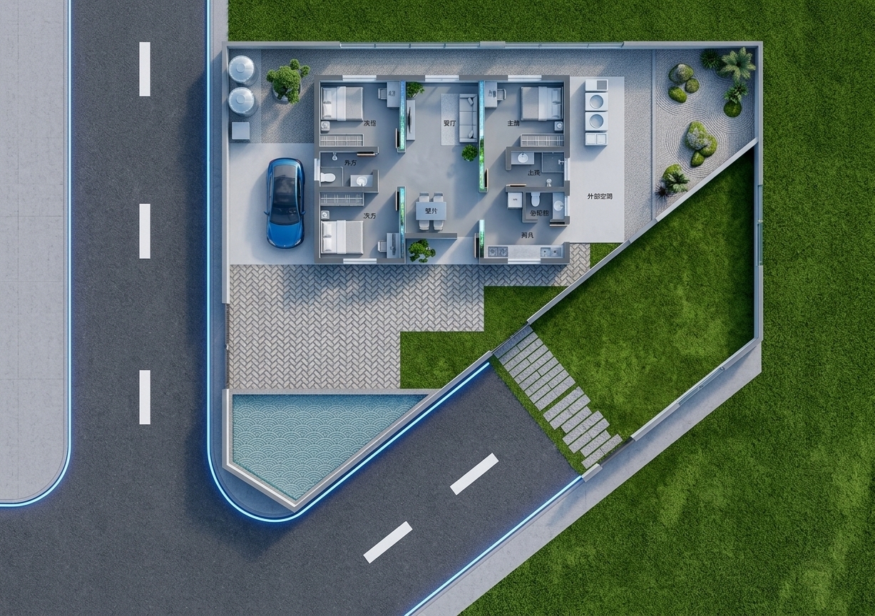 An incredibly lifelike, richly detailed, photorealistic top-down architectural photograph of a modern digital-zen residential villa set in a serene, master-planned suburban environment. The scene is illuminated by soft, diffused natural daylight balanced with subtle cool neon ambient accents, creating an uncluttered, futuristic, and tranquil atmosphere. Captured with a high-resolution architectural lens, emphasizing the crisp contrast between the polished cool gray interior floors, sleek brushed-metal and glass furniture, and the textured geometric herringbone stone pavers in the open courtyard. Inside, the living and dining quarters display minimalist white surfaces, glowing digital landscape art displays, and lush indoor bonsai greenery, while the vibrant green exterior lawn and a glossy blue vehicle parked neatly in the carport complete the sophisticated, high-tech layout.