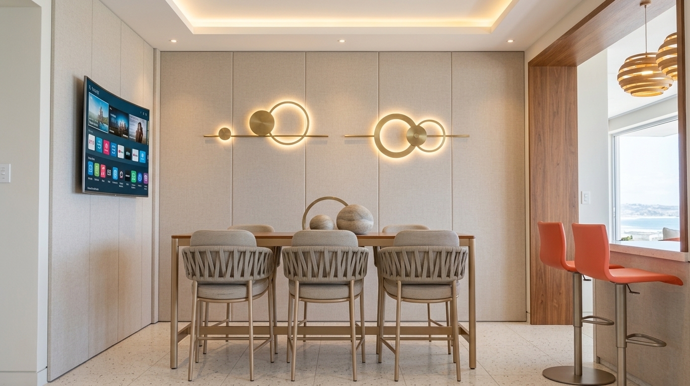An incredibly lifelike, richly detailed, photorealistic wide-angle interior shot of a contemporary dining and lounge space set in a sunlit coastal residence. The scene is illuminated by bright midday ambient light pouring softly through the open layout and balanced by warm recessed cove lighting and glowing halo-backlit circular wall art, creating an airy, light, and sun-kissed atmosphere. Captured with a 35mm architectural lens at f/8, emphasizing the crisp flecked terrazzo flooring, textured fabric wall panels, and finely woven strap detailing on the sandy-grey counter stools. The balanced composition showcases a sleek high table, a mounted widescreen display, and rich timber archways leading to a bright adjacent counter with vibrant accent barstools, perfectly blending nautical tranquility with modern elegance across clean, uncluttered surfaces.