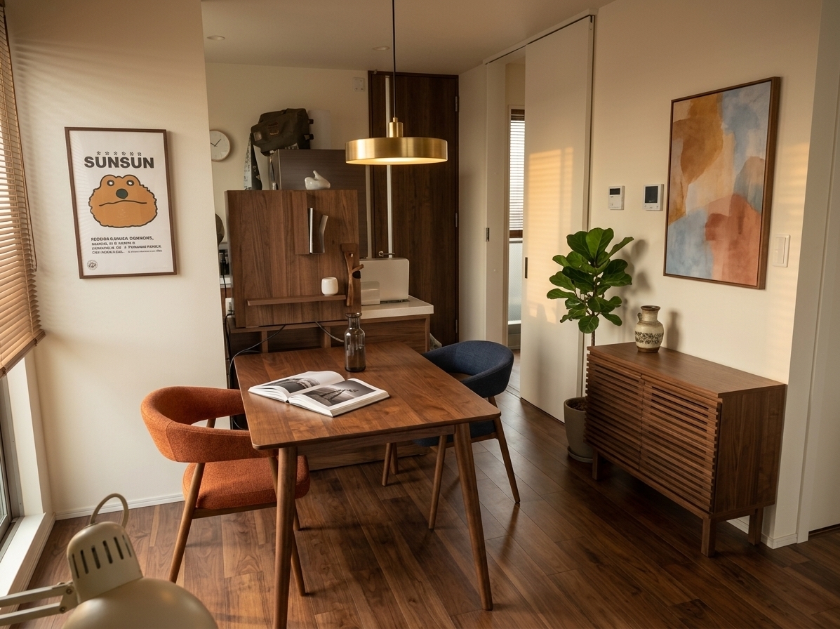 An incredibly lifelike, richly detailed, photorealistic eye-level shot of an elegant mid-century modern dining room set in a serene, contemporary urban home. The scene is illuminated by the warm, ambient glow of a low-hanging iconic brass saucer pendant lamp paired with soft, golden late-afternoon sunlight filtering through minimalist wood blinds, creating an inviting and timeless atmosphere. Captured with a 35mm prime lens on a full-frame camera, emphasizing the rich, organic wood grain of the furniture, tactile matte wall surfaces, and subtle textile textures. 

The reimagined space completely eliminates clutter, replacing the original dining set with a sleek, tapered-leg walnut dining table surrounded by sculptural teak chairs upholstered in textured burnt-orange and muted-navy fabrics. The dining surface remains crisp and minimal, styled only with an open, high-end photography art book and a smoked glass water carafe. Across the creamy, neutral walls, the cluttered calendars and notices are replaced with a framed, large-scale abstract painting blending earthy ochre, terracotta, and soft dusty blue. In place of open shelving, a low-profile walnut sideboard with clean, horizontal slats houses hidden storage, topped with a vintage ceramic vase and a lush potted fiddle-leaf fig that introduces vibrant, natural greenery to complete this functional, retro-inspired sanctuary.