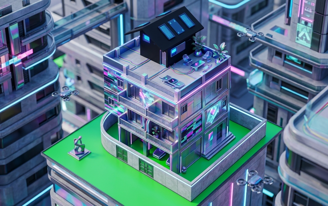 An incredibly lifelike, richly detailed, photorealistic high-angle isometric architectural shot of a multi-story urban residence set in a vibrant, futuristic techno wonderland. The scene is illuminated by glowing neon strip accents, shifting holographic projections, and bright ambient day-glow, creating an electric, playful, and surreal atmosphere. Captured with a medium-format camera and a crisp tilt-shift lens, emphasizing dynamic glitch-art facade paneling, iridescent brushed-metal framing, and glossy modular plastic finishes on the multi-tiered balconies. The structural grid reveals open terraces decorated with sleek, techno-inspired furnishings and lush indoor-outdoor potted plants, while the crowning gabled rooftop loft stands out with contrasting metallic hues above a clean boundary wall enclosing a vivid synth-green courtyard.