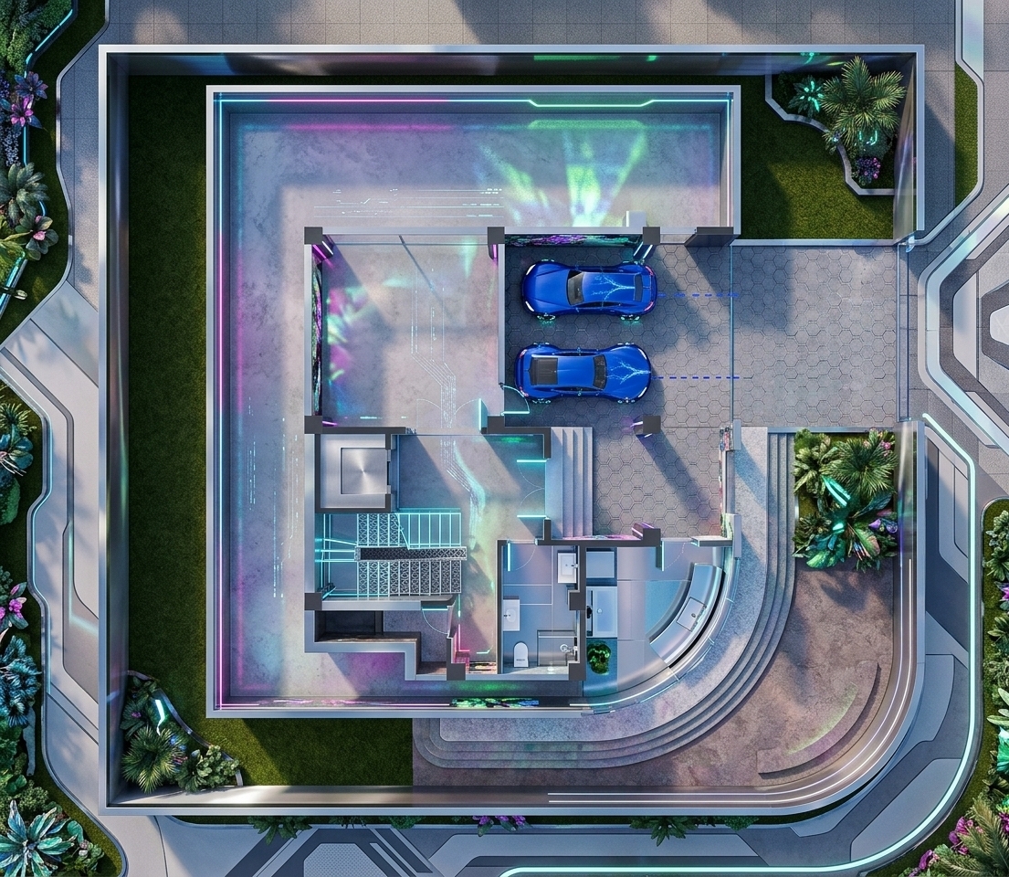 An incredibly lifelike, richly detailed, photorealistic top-down architectural aerial shot of a techno wonderland residence set in a vibrant, futuristic compound. The scene is illuminated by glowing neon ambient fixtures and crisp daylight with holographic light accents, creating a dynamic, playful, and immersive atmosphere. Captured with a high-end architectural camera and an ultra-sharp wide lens, emphasizing reflective metallics, rich textures, and sleek geometric lines. 

The composition highlights a meticulously planned ground level featuring a smooth-finished driveway with two streamlined, cobalt-blue high-tech vehicles parked side-by-side under modular canopy framing. Surrounding the residence, a manicured perimeter lawn in deep emerald tones contrasts vividly with the crisp architectural borders. Through the open structural plan, polished surfaces reveal modular metal and acrylic furnishings, sleek floating staircase steps, ultra-modern bathroom fixtures, and vibrant glitch-art design motifs accented by lush indoor greenery, delivering a breathtaking fusion of digital innovation and avant-garde luxury living.