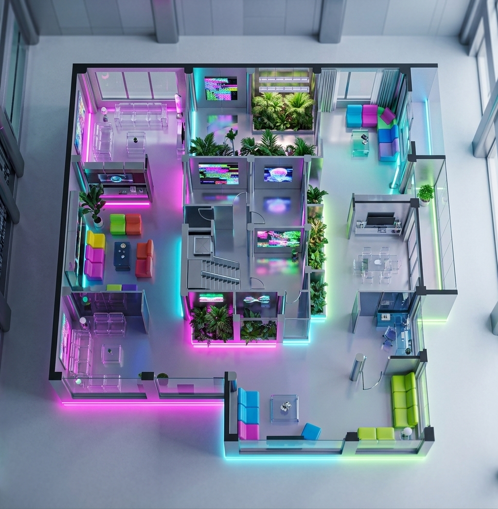 An incredibly lifelike, richly detailed, photorealistic top-down architectural cutaway photograph of a vibrant techno-wonderland residence floor layout set in a cutting-edge futuristic urban interior. The scene is illuminated by glowing neon under-lighting in electric magenta, cyan, and lime alongside soft ambient daylight, creating a dynamic, immersive, and playful atmosphere. Captured with a high-resolution medium-format camera and a sharp tilt-shift lens, emphasizing the glossy epoxy floors, brushed chrome load-bearing columns, and translucent modular acrylic furniture. 

The bird's-eye composition clearly details the interconnected living zones, centered around a sleek steel-and-glass staircase and elevator core. Bold glitch-art installations and holographic displays pop against polished metallic panels, complemented by clusters of lush indoor tropical plants thriving under integrated grow lights. Every surface, from the vibrant modular plastic seating to the high-tech interior partitions, reflects a surreal yet impeccably clean aesthetic worthy of a premier futuristic design photography book.