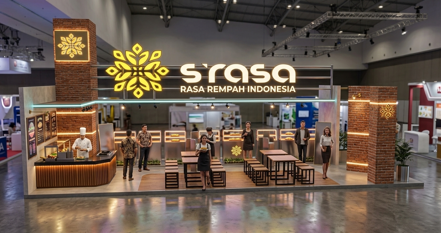 An incredibly lifelike, richly detailed, photorealistic wide-angle eye-level shot of a retro-futuristic Indonesian culinary exhibition pavilion set in a bustling, state-of-the-art international convention hall. The scene is illuminated by glowing neon contour lights, warm directional spotlights, and pastel ambient glows, creating a nostalgic, space-age, and boldly innovative atmosphere. Captured with a professional full-frame camera and a 24mm f/2.8 lens, emphasizing streamlined brushed metallic frames, glowing floral emblem lightboxes, glossy countertops, and rich textured brickwork contrasted with polished retro surfaces. The pavilion features a modern interactive open-kitchen counter with polished steel cooktops, mid-century space-age inspired communal dining tables with sleek geometric stools, vibrant retro-futuristic graphic panels, and discreetly placed stylized indoor plants, bringing a sophisticated, high-energy fusion of heritage flavors and futuristic exhibition design to life.