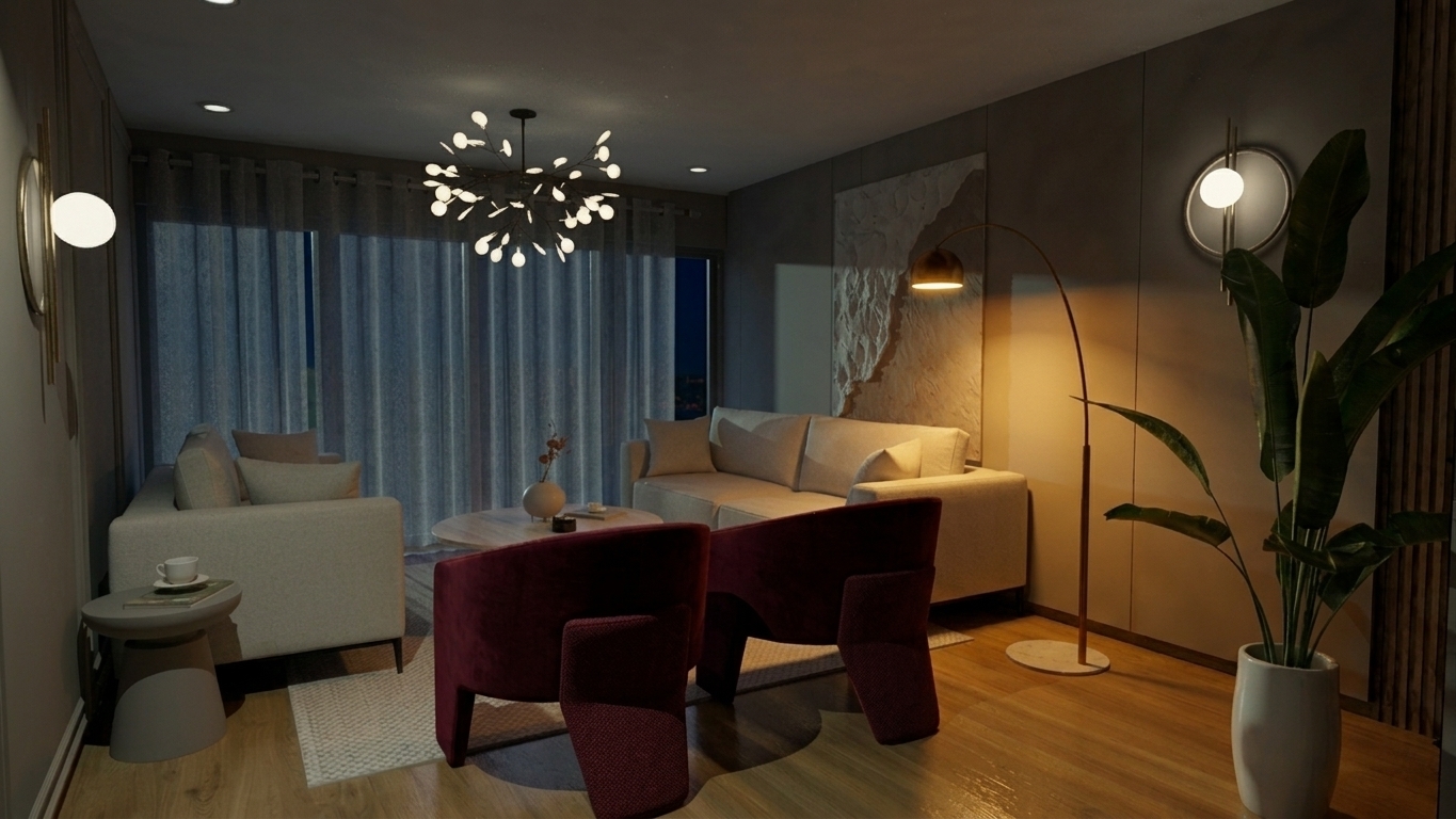 A high-contrast nighttime photograph of the exact living room interior, illuminated by moody artificial lighting. Outside the sheer curtains is a dark night, while the glowing branch chandelier, brass floor lamp, and wall sconces cast focused 2700K warm light and deep, dramatic shadows across the space. The two foreground armchairs are upholstered in rich, deep wine-red velvet with soft fabric micro-textures. The neutral sofas, light wood flooring, and potted plant are defined by crisp contrast and warm localized illumination, captured on a full-frame camera with subtle optical falloff, realistic shadow roll-off, and fine photographic grain.