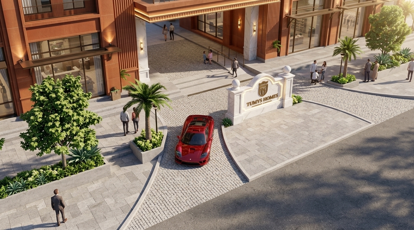 An incredibly lifelike, richly detailed, photorealistic elevated architectural view of the grand entrance plaza and driveway of the "TUMYS HOMES" luxury residence set in an upscale coastal-inspired urban district. The scene is illuminated by radiant spring midday sunlight paired with warm, integrated architectural cove and wall sconce lighting, creating an inviting, sophisticated, and sun-kissed atmosphere. Captured with a professional wide-angle tilt-shift architectural lens, emphasizing the rich terracotta-hued fluted facades, tactile light-grey cobblestone and granite pavers, and the polished white marble entrance monument with gold lettering. A sleek cherry-red supercar descends the curved cobblestone ramp, navigating gracefully past integrated planter boxes filled with tropical palm trees and vibrant green shrubbery. Pedestrians stroll along the airy, wide sidewalks that border floor-to-ceiling glass storefronts revealing elegantly styled interiors, while crisp diagonal sun-shadows and subtle glass reflections heighten the dynamic realism and refined luxury of the development.