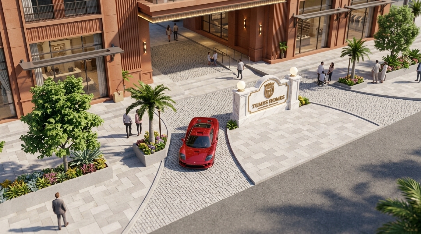 An incredibly lifelike, richly detailed, photorealistic high-angle exterior architectural shot of the grand entrance and promenade of the prestigious "TUMYS HOMES" residential complex set in a breezy coastal development. The scene is illuminated by bright, clear midday spring sunlight casting crisp shadows, creating an inviting and sophisticated atmosphere. Captured with a professional wide-angle tilt-shift lens, emphasizing the intricate textures of the light-grey cubic cobblestone driveways, smooth stone pedestrian plazas, and the rich, fluted terracotta-toned facade. A sleek, glossy crimson sports car glides smoothly into the covered motor court past an illuminated classical white marble signage monument, while lively greenery, swaying miniature palms, and strolling pedestrians bring vibrant energy to the refined streetscape.