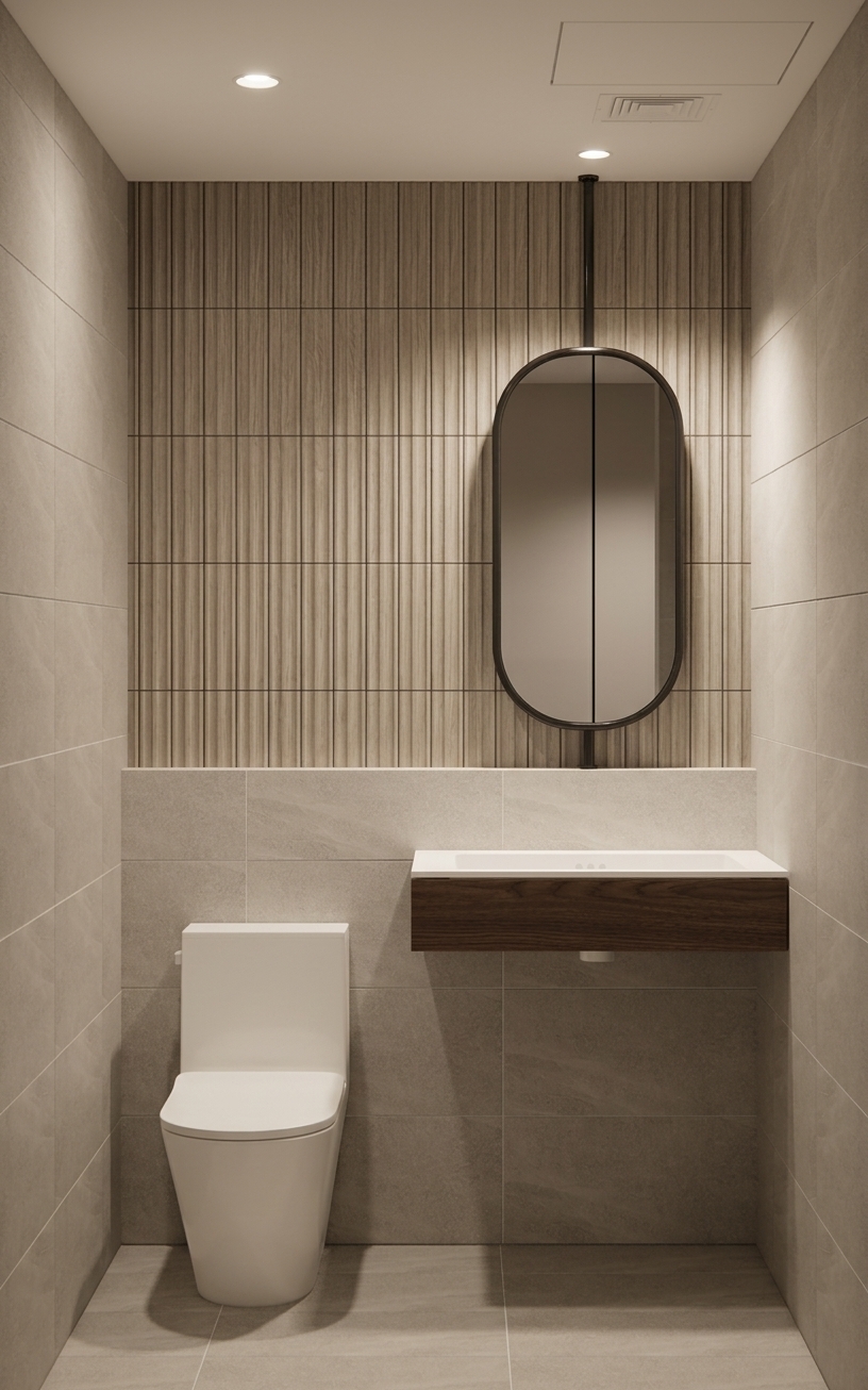 A sharp architectural photograph of the minimalist bathroom, retaining the exact geometry, composition, and neutral color palette. Warm downlighting from the recessed ceiling spots casts soft, natural illumination across the walls and floor, rendered with realistic light falloff and soft ambient occlusion. The tile grout lines are refined to a crisp off-white tone throughout both the upper vertical fluted feature wall and the smooth large-format tiles below. Surface materials are elevated with tangible realism: fine matte texture on the beige stoneware, rich wood-grain tactile depth on the floating vanity, glossy glaze on the ceramic toilet, and crisp reflections in the black-framed mirror, all grounded with subtle natural imperfections, faint sensor grain, and gentle corner vignetting.