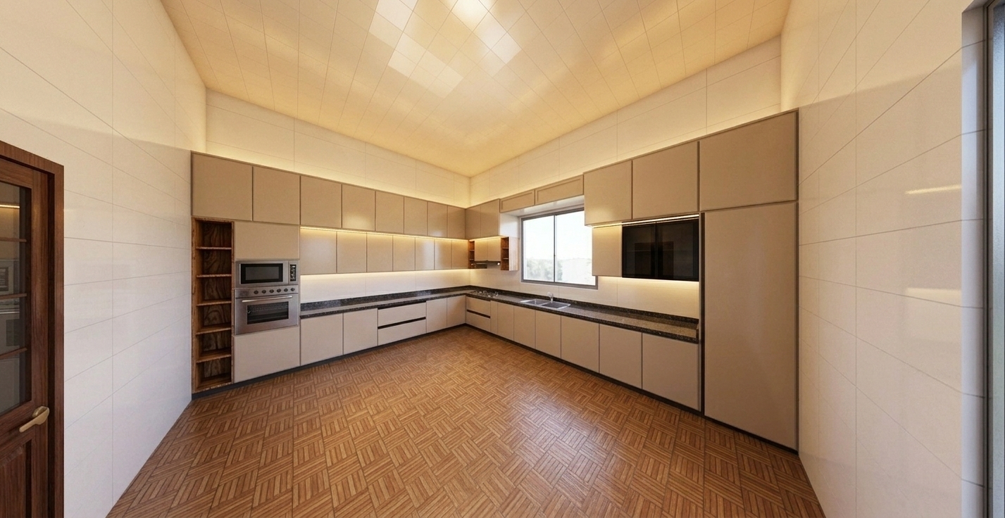 A wide-angle photorealistic photograph of the spacious kitchen, precisely maintaining the existing layout, camera position, and cabinetry. The walls feature smooth, large-format white tiles with subtle, realistic grout lines. The scene is illuminated by warm, cozy ambient light blended with soft natural daylight from the central window, casting gentle shadows and highlighting the satin finish of the beige cabinets. The polished black countertops show crisp, natural reflections, while the parquet floor exhibits realistic wood grain textures. Natural lens characteristics, delicate specular highlights, and faint grain create an authentic, beautifully captured interior photo.