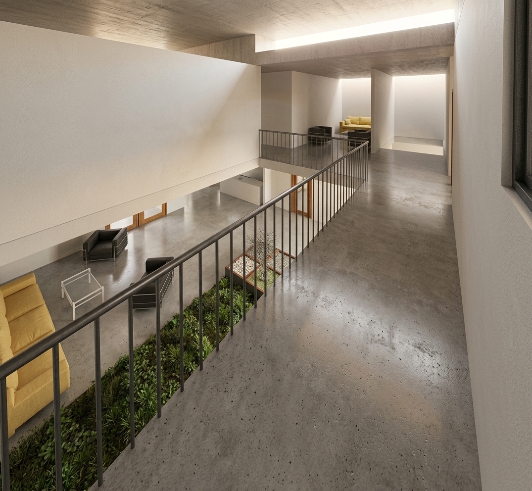 A crisp architectural photograph of the interior mezzanine during golden sunset, maintaining the exact layout, geometry, and camera perspective. Warm, low-angled sunlight streams through the upper openings, casting soft, elongated shadows across the polished concrete floors and matte-finished walls. The dark metal railings show authentic material textures with subtle specular highlights, while the lower seating area features realistic leather and fabric upholstery surrounding the indoor garden bed. Captured with a balanced dynamic range, natural color temperature, subtle optical vignetting, and lifelike physical surface textures throughout.