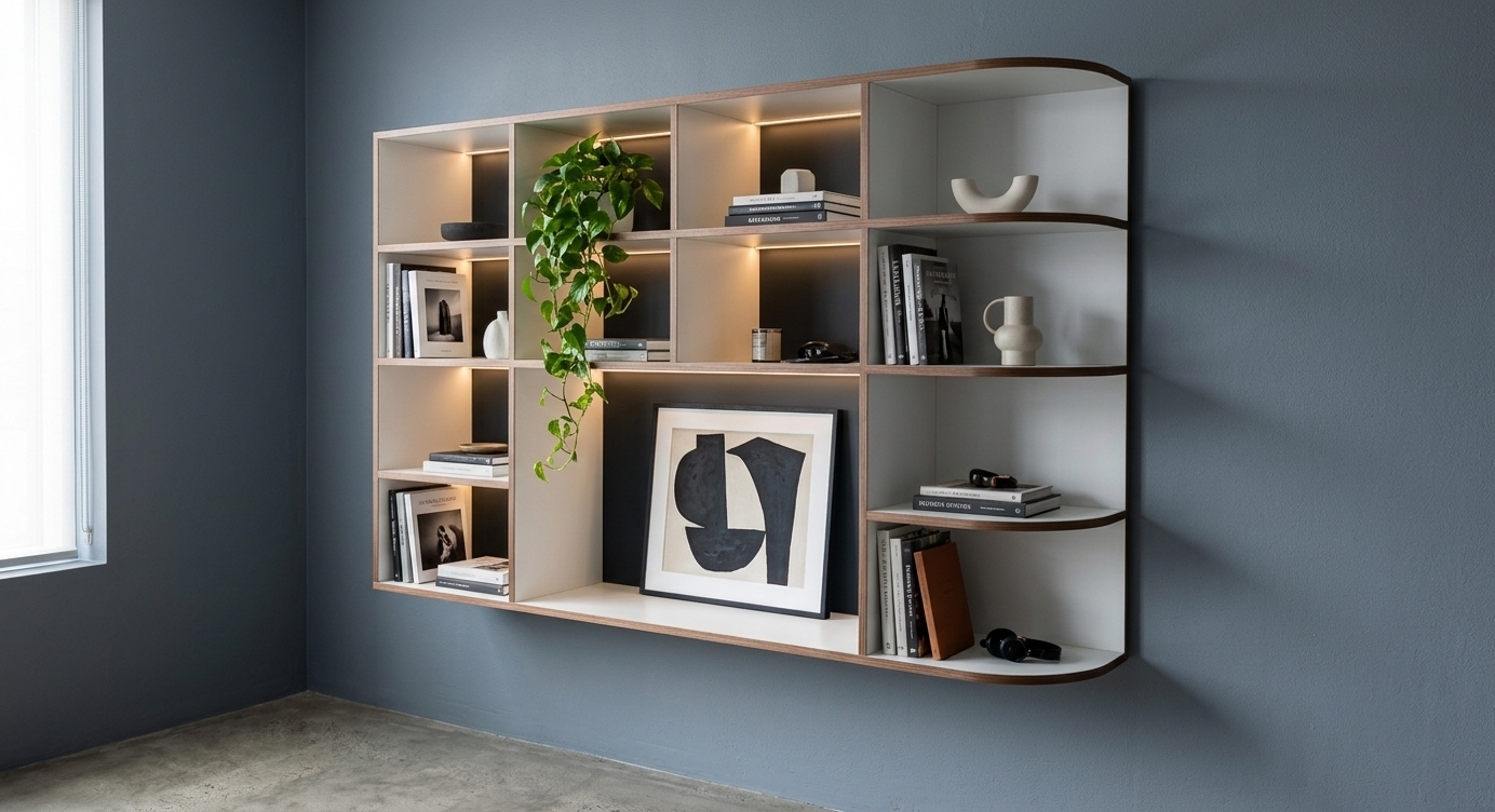 An incredibly lifelike, richly detailed, photorealistic medium-angle interior shot of a sleek, contemporary wall-mounted shelving unit set in a stylish urban home office. The scene is illuminated by soft, diffused natural daylight balanced with subtle warm under-cabinet LED accents, creating an inviting, focused, and sophisticated atmosphere. Captured with a 35mm f/2.8 lens, emphasizing the ultra-smooth satin-white and dark matte composite surfaces, subtle wood-grain edge detailing, and crisp ambient shadows against the cool slate-gray wall. The modular, geometric unit combines sharp rectangular cubbies with graceful curved end shelves, tastefully styled with curated art photography books, a trailing lush green plant, minimalist ceramic objects, and a bold piece of framed abstract art nestled within the central alcove for an impactful modern aesthetic.