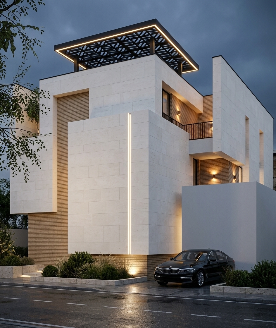 An incredibly lifelike, richly detailed, photorealistic eye-level exterior architectural shot of a contemporary multi-level luxury residence set in an upscale, quiet urban streetscape. The scene is illuminated by soft, diffused overcast twilight accented by glowing integrated LED strip lighting and warm wall-mounted sconces, creating a serene, sophisticated, and dramatic atmosphere. Captured with a professional full-frame architectural tilt-shift lens, emphasizing the contrasting textures of honed limestone panels, tactile earthy brick masonry, and sharp geometric silhouettes.

The building stands as a testament to modern minimalism and layered spatial design. Its facade is a dynamic composition of cantilevered cubic volumes clad in pristine, off-white honed stone tiles that contrast elegantly with vertical sections of warm, sandy-brown linear brickwork. A striking vertical linear LED light strip bisects the central stone mass, drawing the eye upward toward an open-air rooftop pavilion crowned with an intricate, laser-cut black geometric pergola, which glows softly from an embedded perimeter light cove.

On the upper floor, an intimate recessed balcony features minimalist black iron railings and subtle planter greenery, while modern sconces cast warm pools of light across the exposed brick wall. At street level, a clean horizontal canopy extends over a sleek, matte-black slatted privacy gate, seamlessly integrated into a low brick boundary wall. 

In the foreground, a glistening, slightly damp asphalt roadway reflects ambient light from the street and the villa's lower uplights. A polished black luxury vehicle is parked along the curb, its glossy finish reflecting the surroundings with razor-sharp fidelity. Crisp architectural landscaping, featuring manicured low shrubs and soft ornamental grasses within stone planter beds, completes the composition, framed naturally by delicate tree branches at the edges of the frame to establish a deep, balanced sense of scale and realism.