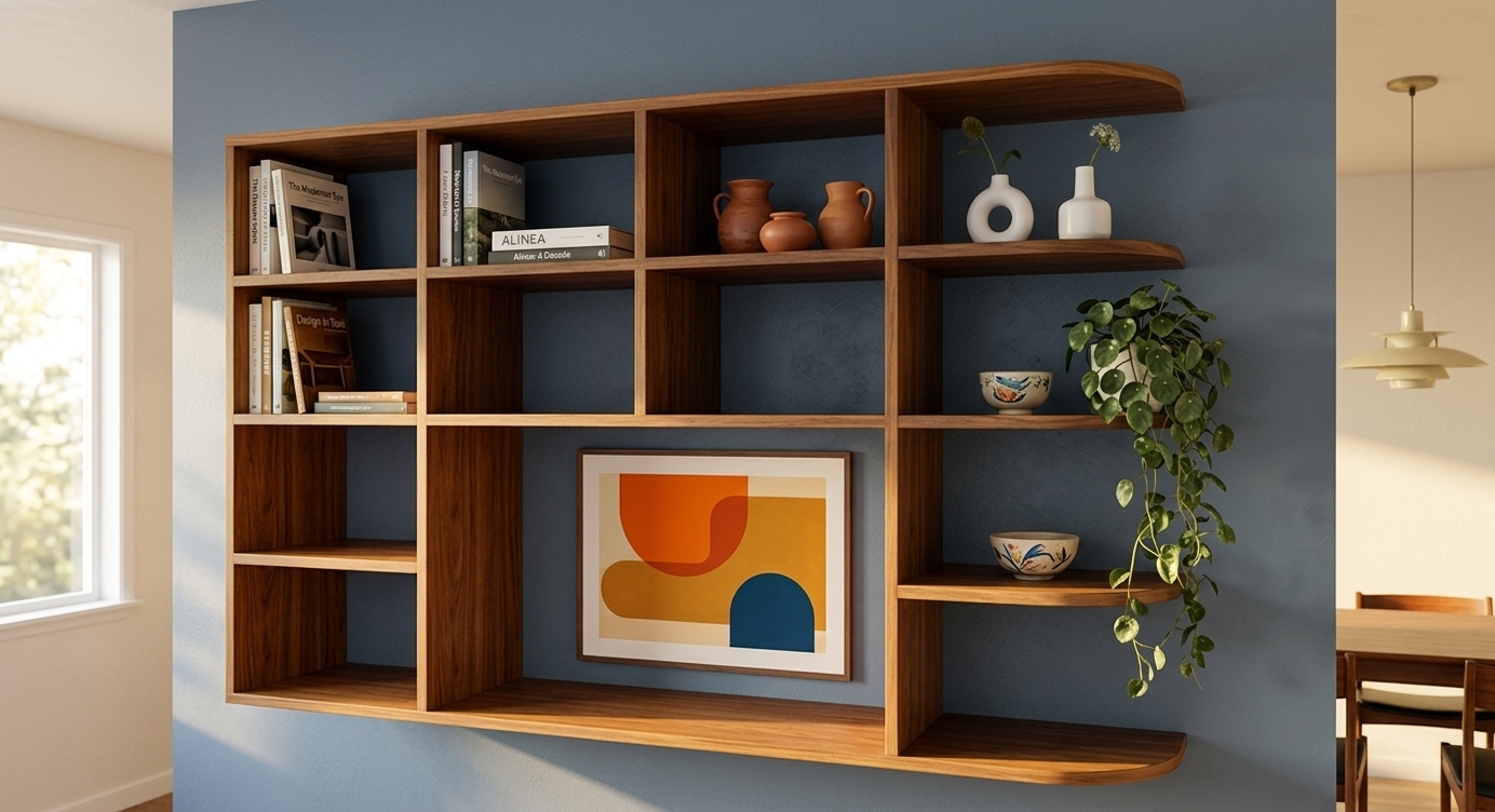 An incredibly lifelike, richly detailed, photorealistic medium interior shot of a bespoke mid-century modern wall-mounted shelving system set in a sunlit, open-concept kitchen and dining environment. The scene is illuminated by soft, golden afternoon light cascading through large casement windows, creating a warm, tranquil, and sophisticated atmosphere. Captured with a full-frame camera and a 35mm architectural prime lens, emphasizing the exquisite, natural grain of richly stained teak and walnut millwork against smooth, muted slate-blue and warm off-white walls. 

The modular structure features precisely framed rectangular compartments and elegant, soft-curved outer display shelves on the right edge. Tastefully styled with mid-century decor, the cubbies feature curated photography art books, earthy terracotta pottery, iconic minimalist ceramic vases, and a delicate trailing indoor plant that drapes gracefully over the rounded edges. The large central opening frames a vibrant abstract print infused with retro orange and ochre tones, creating a clean, clutter-free, and timeless focal point that effortlessly embodies retro sophistication and functional beauty.