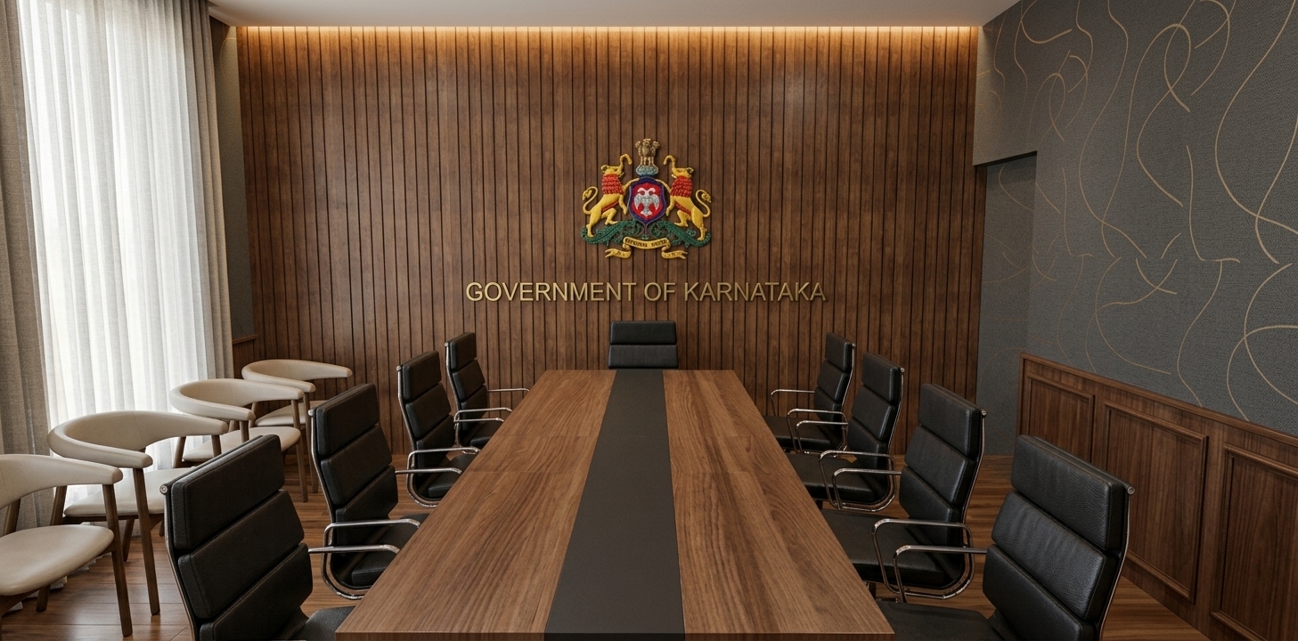 A clean architectural photograph of the formal conference room, illuminated by warm artificial interior lighting that casts soft shadows and gentle highlights across every surface. The vertical wood-slat feature wall showcases realistic timber grain and distinct metallic reflections on the golden emblem and lettering, while the long wooden boardroom table displays a refined semi-matte finish. The black leather executive chairs feature authentic material sheen, subtle cushion creases, and chrome highlights, balanced by soft ambient light filtering through the vertical curtains on the left. Shot on a professional camera with sharp edge-to-edge focus, realistic surface physics, and natural photographic depth.