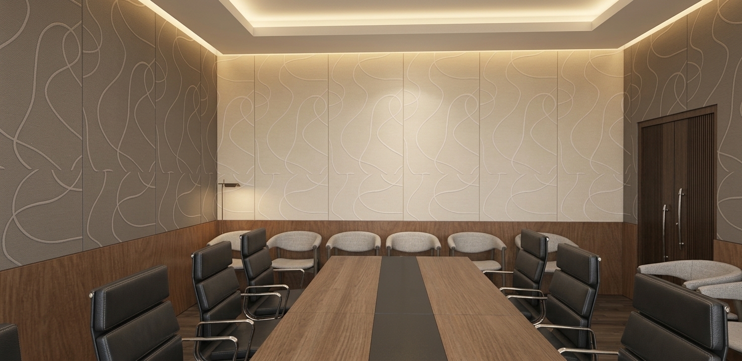 A crisp architectural photograph of the conference room illuminated by warm, soft artificial interior lighting. The scene features realistic surface textures, including the grain of the wooden conference table with its matte center strip, subtle specular highlights on the ribbed black leather chairs with brushed chrome armrests, and realistic fabric grain on the patterned wall panels above the warm wood wainscoting. Natural shadow falloff, soft ambient illumination, and precise photographic depth create an authentic, polished corporate interior.