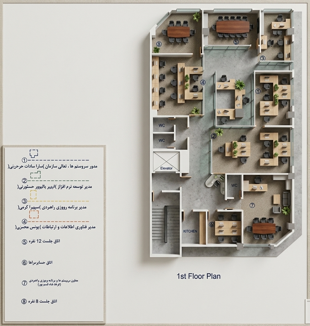A clean architectural photograph of a 3D cutaway isometric model accurately built from the exact floor plan layout, maintaining every room division, desk cluster, and doorway. The modern office interior features crisp matte white cutaway walls, light oak laminate flooring, clear glass conference partitions, minimalist workstations, dark ergonomic task chairs, and small accent greenery. The scene is illuminated by soft, balanced studio lighting combined with warm natural daylight streaming through exterior window openings, creating gentle ambient contact shadows. Captured with a sharp architectural lens at a clean orthographic isometric perspective, highlighting realistic matte textures, subtle surface reflections, and a neutral, professional color temperature throughout.
