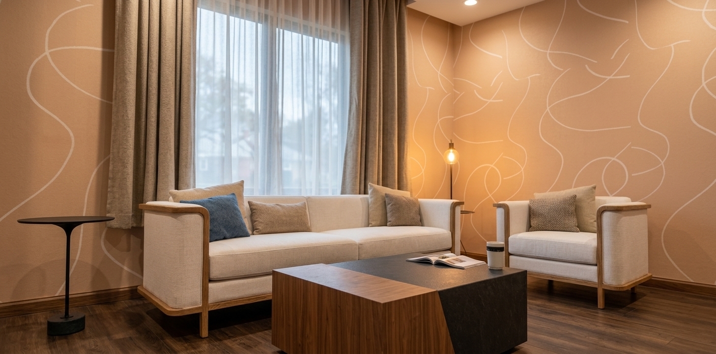 Architectural photograph of the modern living room bathed in cozy, warm artificial interior lighting casting soft ambient shadows. The white fabric sofa and armchair display authentic woven textures and natural creases, bordered by finely finished wood trim and textured cushions. The two-tone coffee table highlights realistic wood grain and matte stone textures, while the floor-length curtains exhibit natural fabric drape against the patterned wallpaper. Shot with a 35mm interior lens, featuring rich surface details, balanced warm color temperature, sharp focus, and subtle photographic depth.
