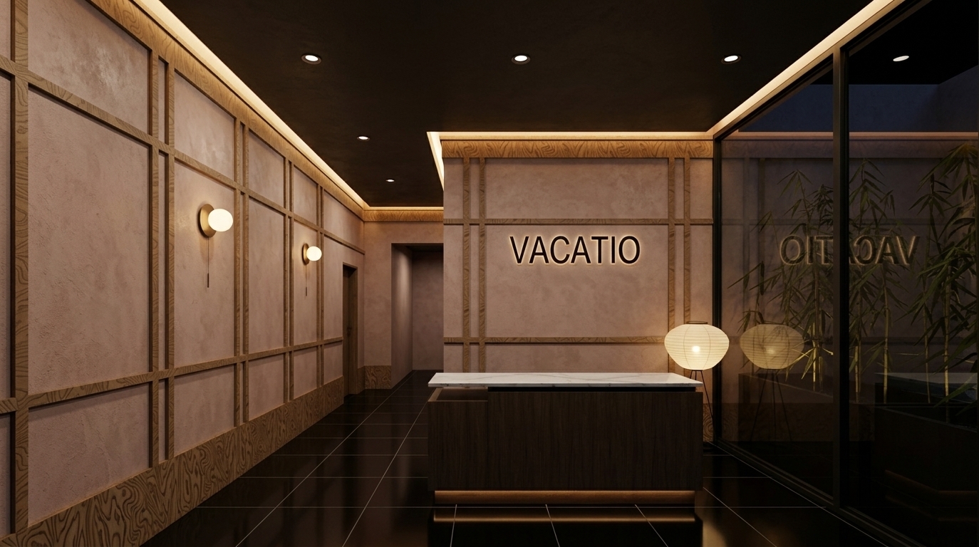 An incredibly lifelike, richly detailed, photorealistic wide-angle interior architectural rendering of a boutique hotel reception lobby set in a serene, contemporary Japanese Zen-inspired sanctuary at night. The scene is illuminated by warm, concealed cove lighting, ambient recessed ceiling fixtures, soft spherical wall sconces, and the subtle backlighting of the minimalist "VACATIO" signage, creating a tranquil, intimate, and refined luxury atmosphere. Captured with a full-frame camera and a sharp 24mm architectural lens, emphasizing tactile micro-cement textures, natural wood grain, and pristine glossy reflections. 

The composition centers on an understated dark timber reception counter crowned with a sleek white marble slab, accented by an illuminated washi paper floor lamp standing gently beside it. Walls clad in softly textured, pinkish-beige plaster are framed by elegant oak timber grids, extending rhythmically down the corridor. Below, polished black floor tiles mirror the warm ambient lights with crisp clarity, while a dark, recessed ceiling adds dramatic depth. To the right, floor-to-ceiling glass panels reveal a dimly lit courtyard featuring lush bamboo silhouettes, perfectly uniting organic Japanese minimalism with modern boutique hospitality.