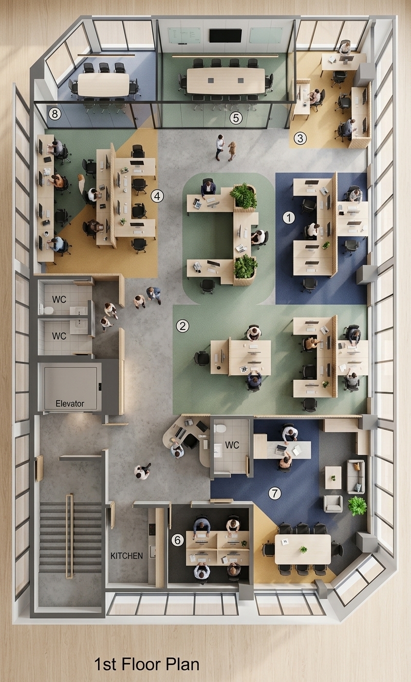 An incredibly lifelike, richly detailed, photorealistic wide-angle elevated shot of an open-plan coworking corporate office set in a sophisticated modern commercial building. The scene is illuminated by bright, natural daylight streaming through expansive floor-to-ceiling windows blended with subtle, warm linear LED ceiling fixtures, creating an airy, refined, and highly collaborative atmosphere. Captured with a high-resolution architectural camera on a 24mm tilt-shift lens, emphasizing rich textural depth and sleek, contemporary aesthetics. 

Spanning the vast floor, managers and specialists work seamlessly together at light beige, premium matte laminate workstations outfitted with ergonomic office chairs and minimalist dual-monitor setups. Instead of enclosing walls, the different departmental zones are elegantly distinguished by custom-inlaid geometric acoustic carpet tiles—featuring muted zones of sage green, navy blue, soft ochre, and charcoal—accentuated by low-profile fluted wood acoustic desk partitions and integrated lush planters. In the background, transparent glass-walled conference rooms, a cozy breakout lounge, and sleek polished concrete circulation paths perfectly tie together this elegant, highly functional professional workspace.