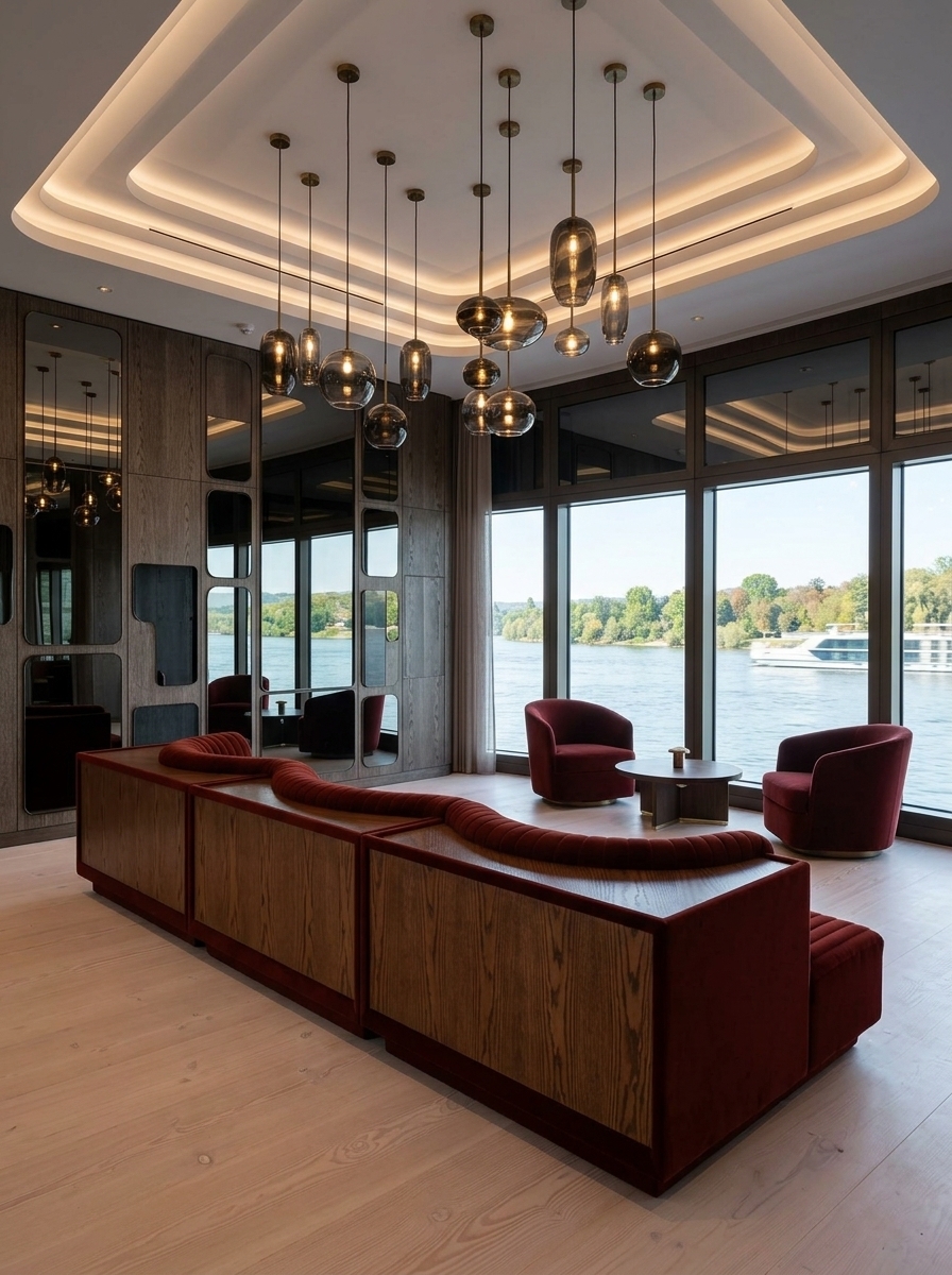 A realistic wide-angle photo of a river cruise lounge bar featuring the rust-red ribbed velvet modular sofa with wood backing from the image. Rotate the sofa to face large panoramic windows with a scenic river view. Include modern wall cladding with dark mirrors, randomly arranged pendant lights, a low false ceiling suited for a cruise boat, and a round table with two armchairs completing the lounge seating area.