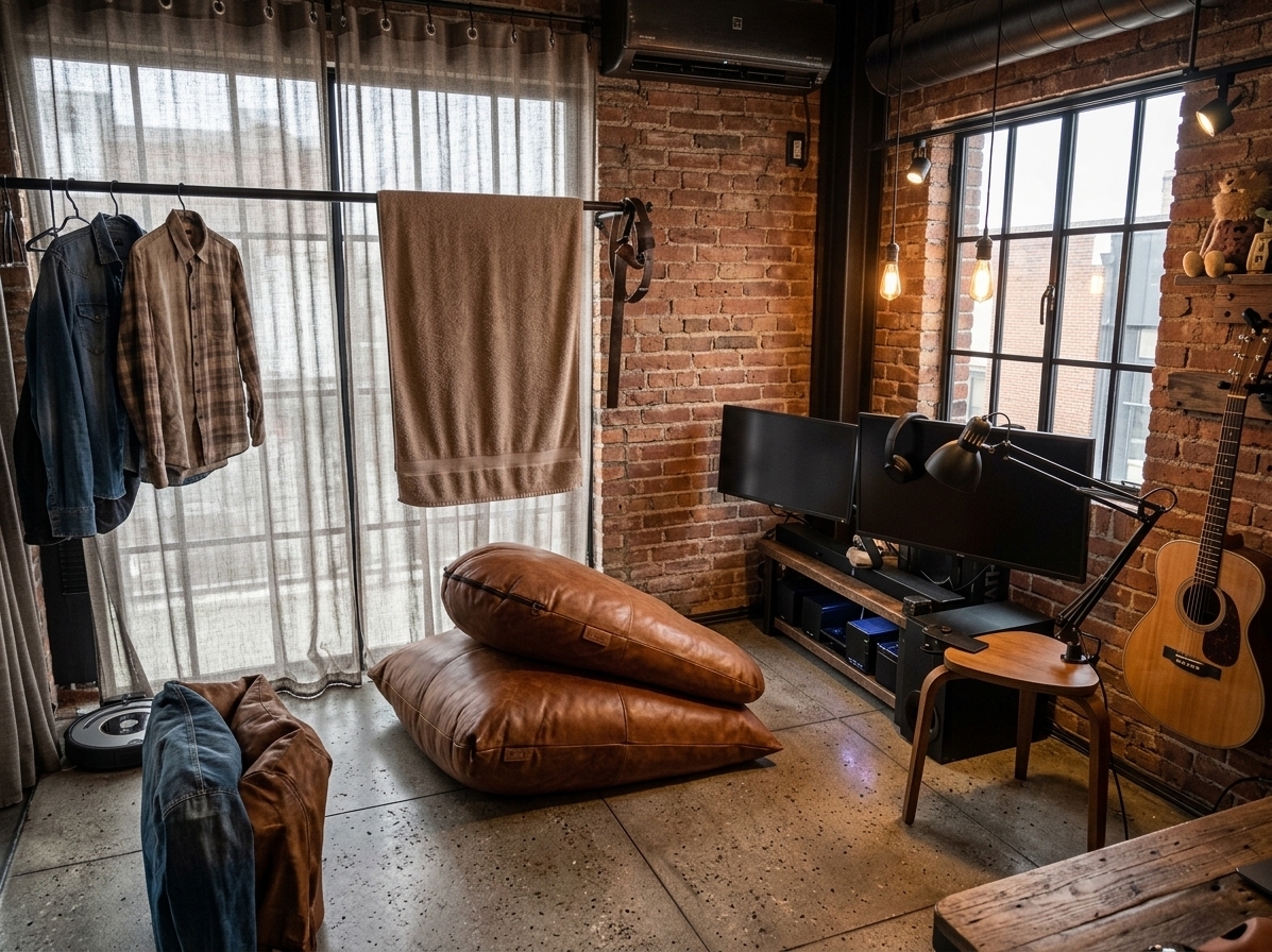 An incredibly lifelike, richly detailed, photorealistic wide-angle interior shot of an elevated industrial loft living room set in a spacious urban warehouse conversion. The scene is illuminated by warm, ambient Edison pendant fixtures and moody directional track lighting mingling with diffuse daylight filtering through large black Crittall steel-framed windows, creating a rugged, sophisticated atmosphere. Captured with a 24mm f/2.8 prime lens, emphasizing the rich patina of distressed cognac leather, matte black iron finishes, tactile polished concrete flooring, and exposed brick walls. 

Replacing the cramped layout, the space is anchored by a deep vintage caramel-rust leather sofa and a reclaimed timber coffee table layered with glossy architectural and photography books. Overhead, raw exposed ductwork and dark architectural beams draw the eye upward, while a massive weathered iron wall clock makes a bold statement on the main accent wall. The entertainment area transforms into a custom media station crafted from blackened steel and thick reclaimed wood shelving, neatly framing high-end audiovisual components, while the acoustic guitar is elegantly mounted alongside industrial pipe bookcases, achieving a harmonious, purposeful, and strikingly urban sanctuary.