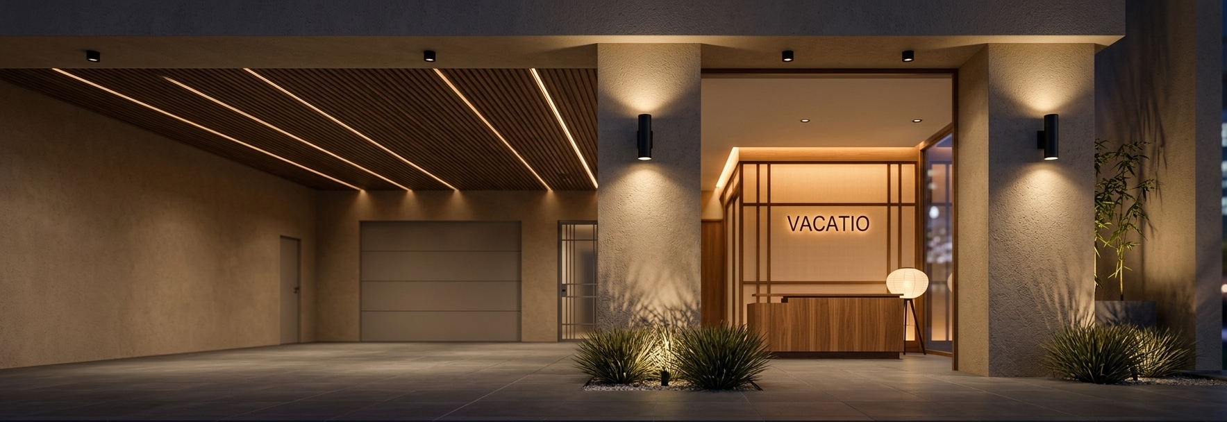 An incredibly lifelike, richly detailed, photorealistic wide-angle eye-level architectural shot of a luxury boutique hotel entrance set in a serene urban environment at night. The scene is illuminated by warm, thoughtfully placed architectural lighting—including sleek black sconces accenting the textured plaster pillars, delicate uplights catching low manicured grasses, and a soft amber glow spilling from the check-in lobby, creating a calm, luxurious, and inviting Japanese Zen atmosphere. Captured with a professional 35mm tilt-shift lens, emphasizing the fine grain of the warm beige stone-finish pillars, the linear rhythm of the natural wood-slat ceiling over the vehicle entrance on the left, and the refined wooden reception counter set against Japanese-inspired framed screen walls with backlit "VACATIO" signage on the right. Subtle accent lighting grazes delicate bamboo foliage in the corner planter, completing this impeccably balanced, modern minimalist hospitality facade.
