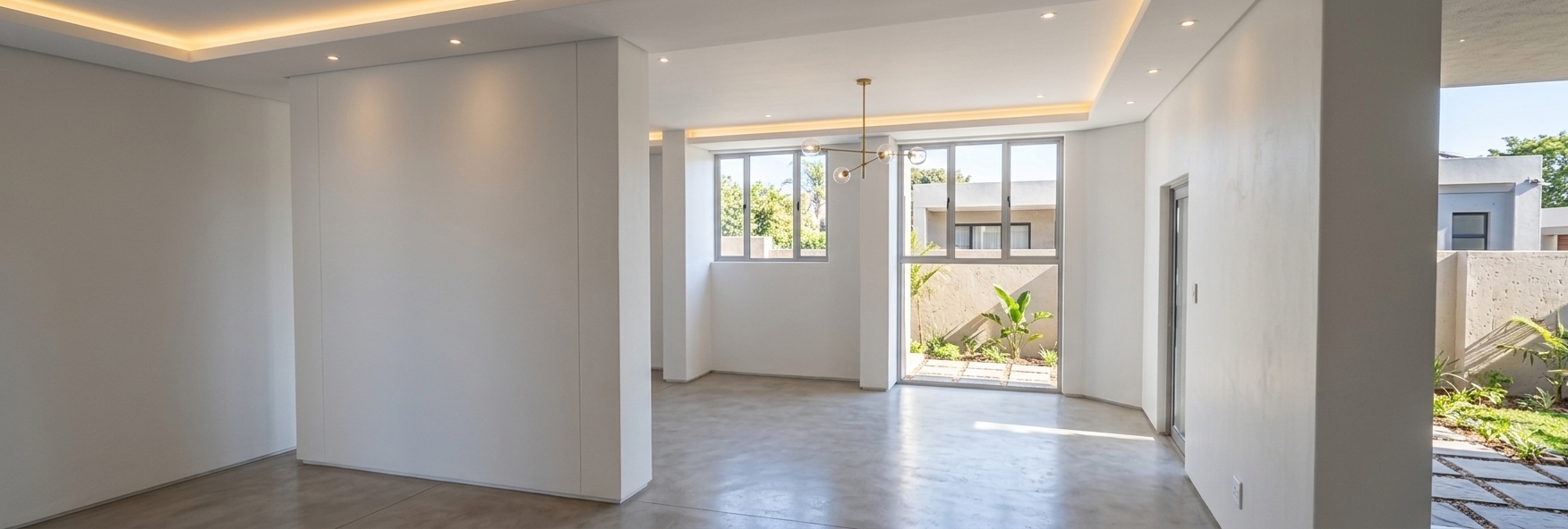 An incredibly lifelike, richly detailed, photorealistic wide-angle interior shot of a spacious, modern living room set in an upscale minimalist residence. The scene is illuminated by soft, natural daylight streaming through the expansive clear-glass windows, seamlessly blended with warm hidden LED cove lighting tracing the perimeter of the drywall drop-ceiling, evenly spaced recessed spotlights, and a graceful modern chandelier centered above, creating a serene, warm, and sophisticated atmosphere. Captured with a professional 24mm tilt-shift architectural lens, emphasizing the smooth textures of the pristine matte walls, the sleek accent divider panel, polished micro-cement flooring with gentle daylight reflections, and the crisp, elegant architectural lines of this bright, minimalist haven.