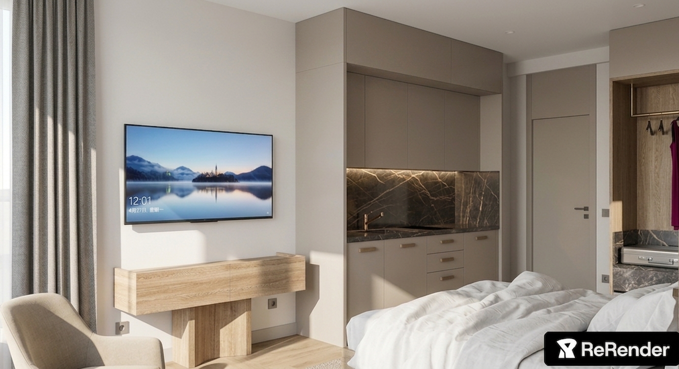 A professional interior photograph maintaining the exact layout, camera angle, and geometry of the space, with the upper dark fluted sections above the kitchenette and wardrobe updated to match the smooth matte taupe lacquer finish of the lower cabinetry. Soft natural daylight washes across the rumpled white bedding and light oak floorboards, balanced by warm under-cabinet LED illumination casting realistic specular reflections across the veined dark marble backsplash. Captured with a 35mm architectural lens, featuring rich surface textures, gentle exposure falloff, authentic micro-textures on textiles, and subtle sensor grain for a true-to-life finish.