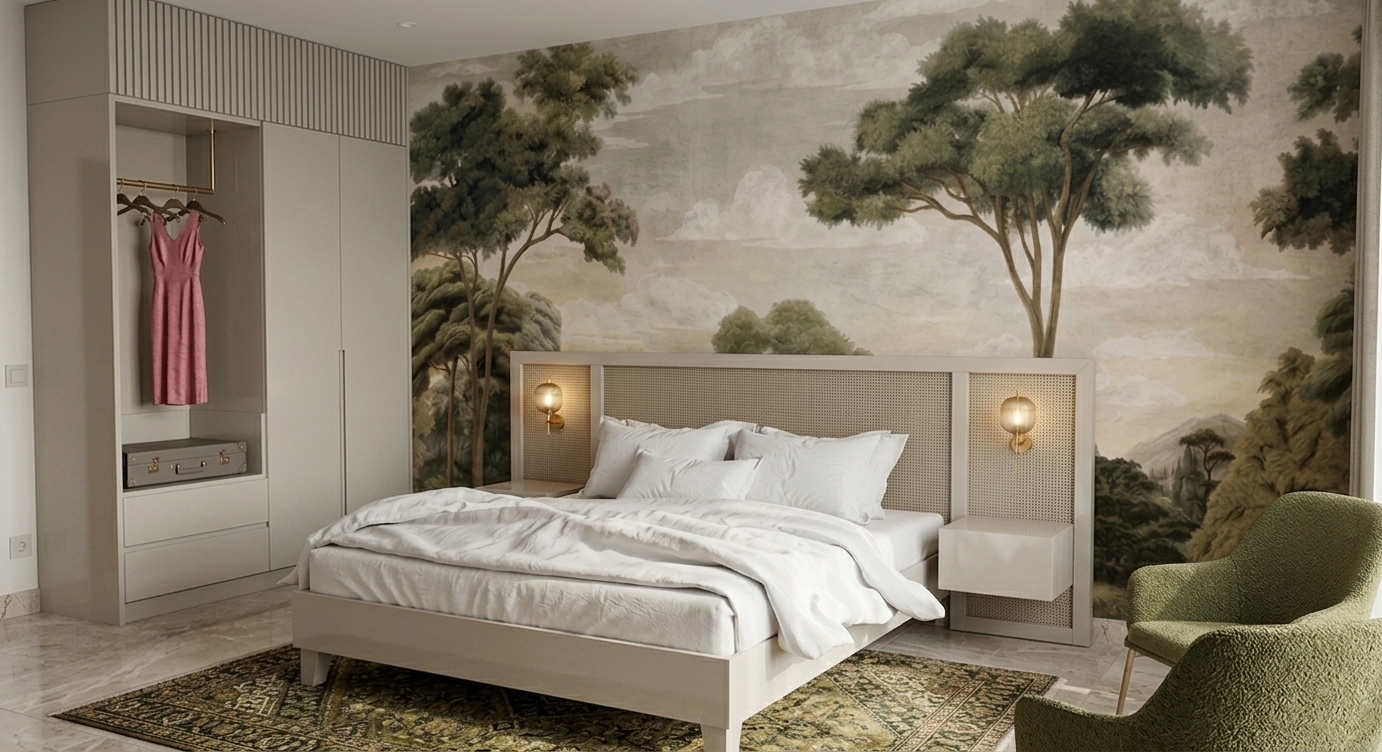 A photorealistic interior photograph of the bedroom scene, preserving the exact layout, geometry, and camera perspective. The oak wood sections of the wardrobe unit are transformed into a smooth, elegant satin lacquer finish matching the adjacent cabinet panels, while the patterned floor rug is updated with muted olive greens, soft sage, and warm earthy tones that seamlessly harmonize with the scenic landscape wallpaper. Diffused natural daylight blends with the warm ambient glow of the wall sconces, producing authentic soft shadows and realistic reflections across the polished marble flooring. The shot captures tactile micro-textures across the bedding, rattan headboard, and upholstery with crisp 35mm lens clarity, subtle natural grain, and gentle vignetting.