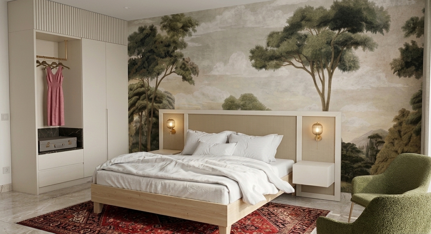 A realistic interior photograph maintaining the exact framing, perspective, and geometry of the bedroom. The natural light oak bed with its cane-woven headboard, the scenic forest wall mural, the red patterned rug, and the olive green textured armchair remain completely unchanged. The natural wood sections of the left wardrobe unit—including the open hanging alcove and lower drawer fronts—are finished in the matching smooth, matte off-white lacquer of the adjacent closet doors. Warm illumination spills from the twin brass sconces alongside soft daylight, accentuating realistic linen creases on the white bedding, fine surface textures, and gentle ambient reflections on the polished floor with natural photographic depth and subtle grain.