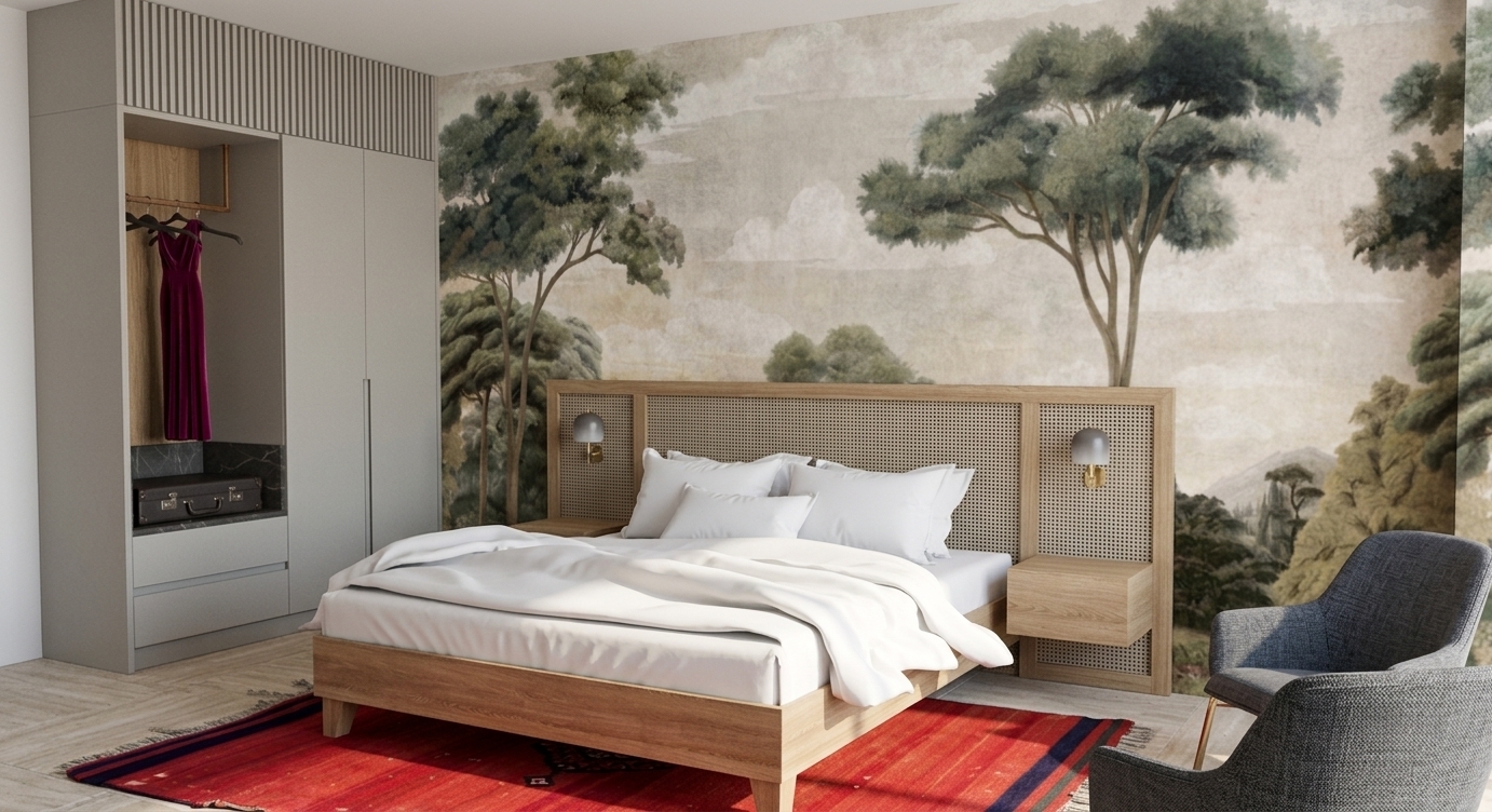 A realistic architectural photograph of the bedroom bathed in bright midday summer sunlight. Maintain the exact composition, rendering the scenic landscape wallpaper with rich matte textures behind the natural oak bed and woven headboard. The crisp white linens display natural fabric folds and wrinkles, the red area rug shows authentic woven textures, and the built-in wardrobe features smooth matte finishes with detailed upper fluting. Clear, warm daylight fills the interior, casting soft-edged shadows and realistic highlights across the tiled flooring and upholstered foreground armchairs with clean photographic clarity and balanced exposure.