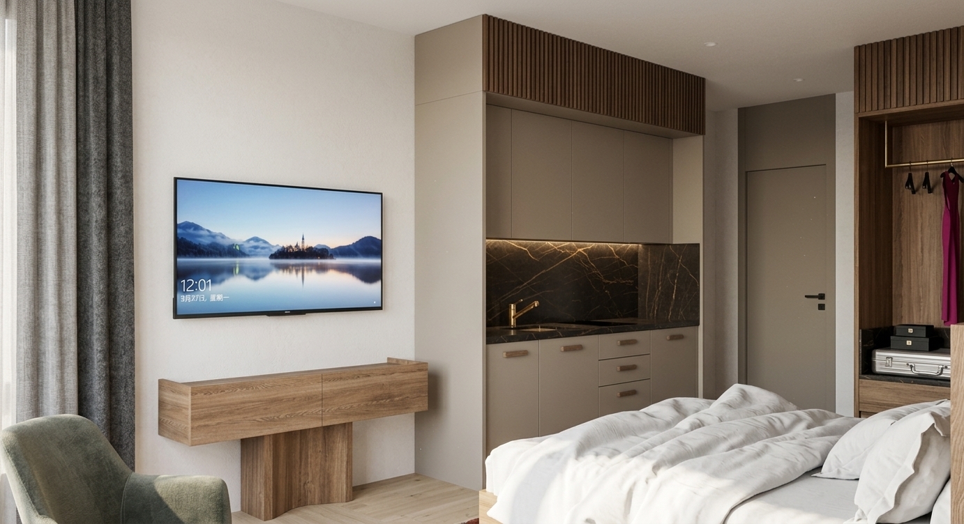 Architectural interior photograph of the modern hotel room during a bright summer midday, captured with a sharp 35mm lens. Crisp, high natural sunlight pours from the left, casting clean, well-defined shadows across the smooth walls and natural wood grain of the floating TV console. The bed features softly rumpled, photorealistic white cotton linens, while the kitchenette showcases smooth matte beige cabinetry and a polished black marble backsplash with delicate veining. Natural ambient light reflections on the flat-screen television and subtle fabric textures on the armchair authentically bring the exact scene and layout into realistic focus.