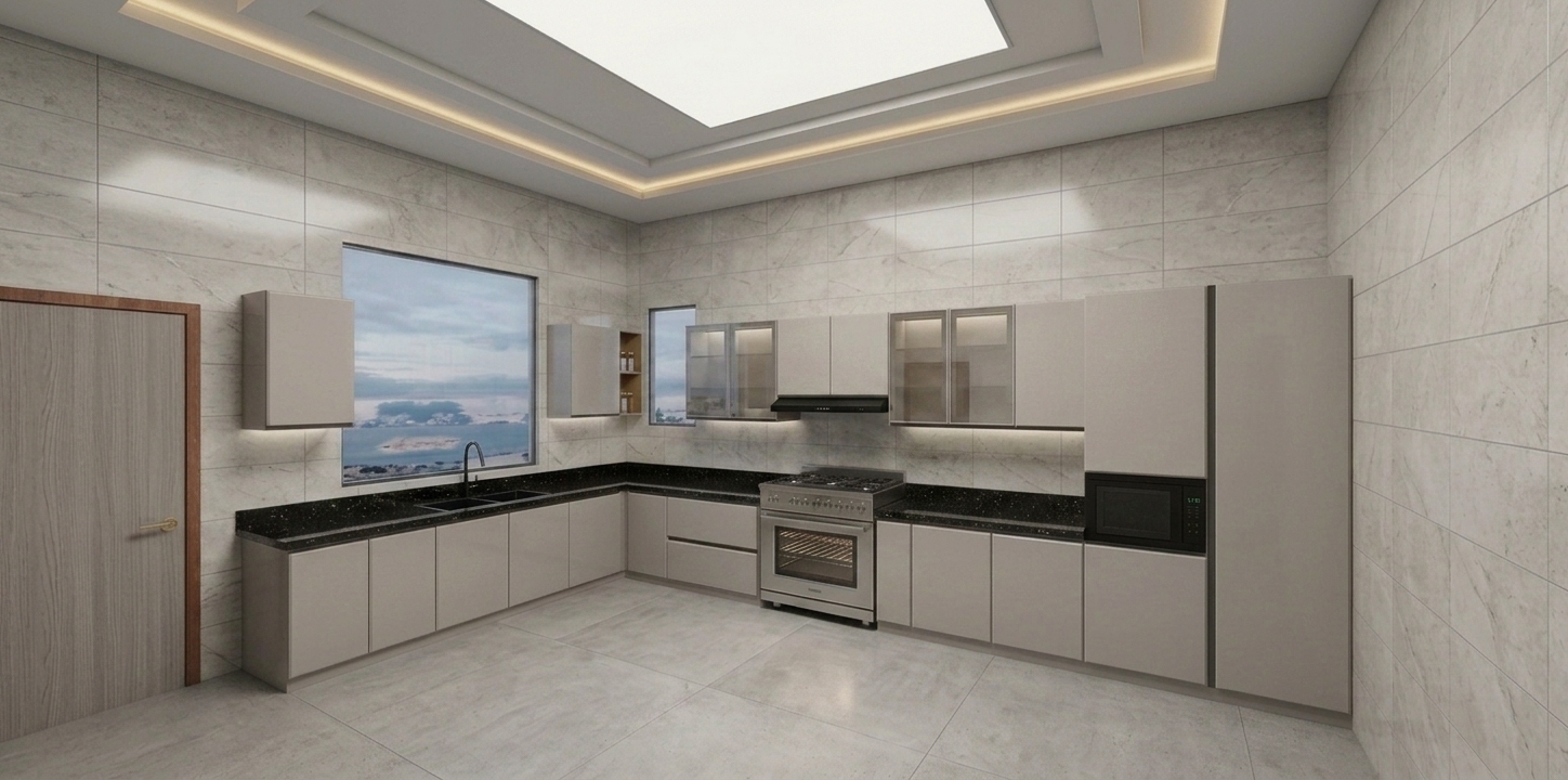 Architectural interior photograph of the kitchen preserving the exact composition and structure, modifying only the two upper cabinet doors directly to the left of the range hood to feature elegant framed clear glass panels showing soft interior cabinet depth. Diffused natural daylight filters through the large window, blending seamlessly with warm 3000K recessed ceiling cove lights and under-cabinet LED illumination. Render realistic material physics, showing subtle sheen on the matte grey cabinetry, crisp specular reflections across the polished black countertops, and authentic glass reflections. Shot on a wide-angle lens with accurate perspective control, natural depth of field, balanced dynamic range, and subtle photographic grain for realistic texture.