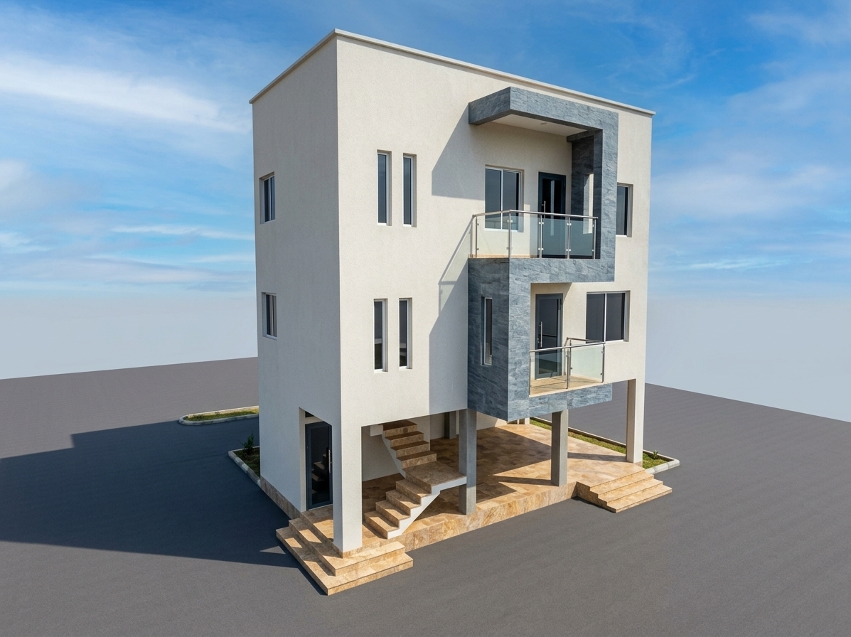 An incredibly lifelike, richly detailed, photorealistic wide-angle exterior architectural shot of a contemporary multi-level modern fusion residence set in an open setting with smooth, pristine asphalt landscaping. The scene is illuminated by bright, clear daylight diffusing beneath an expansive blue sky with wispy clouds, creating a crisp, vibrant, and sophisticated atmosphere. Captured with a professional architectural tilt-shift lens, emphasizing the tactile fine-grain texture of the off-white stucco exterior, the slate-grey textured stone wrap of the interlocking cantilevered balconies, and the glossy clarity of the modern glass balustrades. The structure showcases an open ground-level stilt design with polished concrete columns, an external stone staircase leading to upper floors, and warm, patterned paving beneath the shaded undercroft. Above, geometric balcony cutouts with sleek tinted glass doors and minimalist vertical slit windows create a striking balance of solid mass and airy transparency, delivering a refined, cutting-edge residential aesthetic.