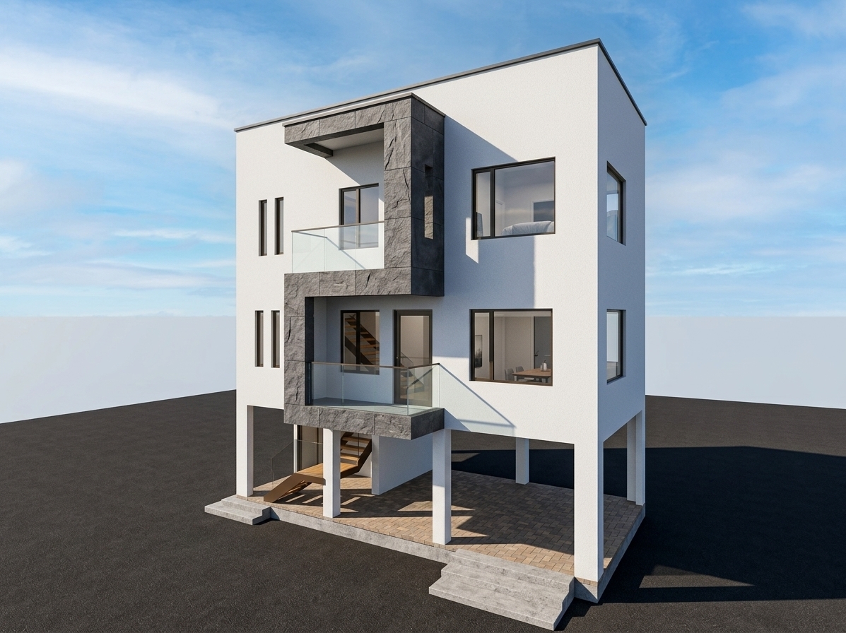 An incredibly lifelike, richly detailed, photorealistic three-quarter exterior architectural shot of a modern fusion three-story residence set in a sleek, minimalist environment with clean, freshly laid asphalt landscaping. The scene is illuminated by crisp, natural daylight filtering through a bright blue sky with soft, wispy clouds, creating an open and sophisticated atmosphere. Captured with a professional tilt-shift architectural lens, emphasizing the tactile fine-grain texture of the pristine white stucco walls, the rugged cleft finish of the charcoal-grey accent panels, and the smooth clarity of the tempered glass railings. The elevated cubist structure sits gracefully on sturdy pilotis, revealing a shaded ground-floor area finished with warm interlocking pavers and an inviting staircase. A dynamic, serpentine stone-clad geometric frame wraps vertically across the upper levels, defining cantilevered balconies that introduce striking dimensional contrast, while dark-framed windows and clean rectilinear cutouts cast sharp, realistic architectural shadows that highlight the home's contemporary elegance and thoughtful spatial design.