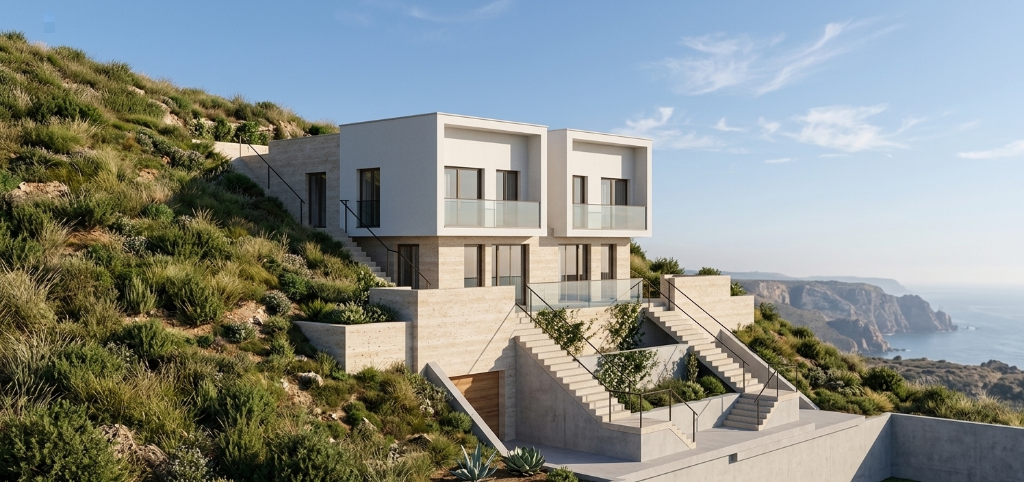 Architectural photograph of the modern Mediterranean hillside villa, maintaining the exact geometric structure, composition, and perspective. The upper volumes are finished in fine-textured, matte white stucco, while the base plinth and retaining walls are clad in natural, porous beige travertine stone. The surrounding hillside features realistic Mediterranean scrub and textured grass. Crisp, warm sunlight casts sharp diagonal shadows across the stone steps and facades, with clear sky illumination and realistic reflections in the glass balustrades and window panes, captured with crisp edge-to-edge optical sharpness and balanced exposure.