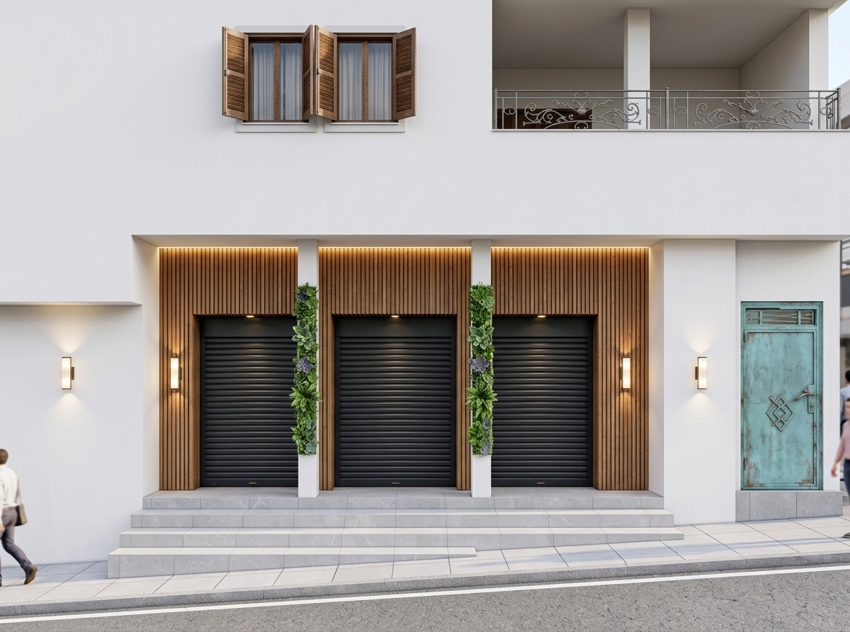 An incredibly lifelike, richly detailed, photorealistic eye-level architectural shot of a contemporary modern-fusion house exterior set in a sunlit urban streetscape. The scene is illuminated by bright natural daylight harmoniously paired with warm, recessed LED strip lighting and elegant wall-mounted sconces, creating a sleek, inviting, and sophisticated atmosphere. Captured with a professional 35mm tilt-shift lens, emphasizing the rich contrast between the crisp, smooth white stucco facade, the warm tactile grain of vertical oak wood slats, dark industrial roll-up shutters, and vibrant strips of lush vertical greenery. Sleek, light grey tiled steps gracefully negotiate the sloped sidewalk, while an eclectic weathered seafoam-blue metal door and a delicate wrought-iron upper balcony add compelling character to this clean, dynamic, and geometrically bold architectural composition.