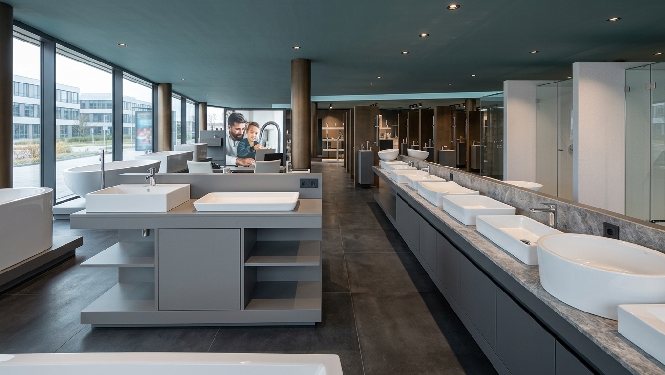 Eye-level photograph of the sanitary ware showroom captured with a 50mm lens. Soft, bright daylight streams through the large left glass facade, balancing warm recessed spotlights set into the smooth white ceiling. The floor is covered in large 120x120cm semi-matte beige-grey stone tiles with subtle grout lines. Display islands feature sleek white cabinetry holding glossy ceramic sinks, bathtubs, and polished chrome faucets with crisp specular highlights. Round columns are finished in matte bronze, while background fixtures appear in satin dark steel, all rendered with natural reflections, clean depth of field, and balanced exposure.