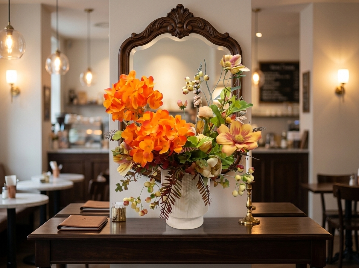 Place the floral arrangement from the image, featuring orange hydrangeas, peach flowers, berries, and greenery in a white ceramic vase, onto an elegant console table in a stylish cafe. Position it directly beneath a decorative wall mirror, with warm ambient cafe lighting and a soft background reflecting gently in the mirror.