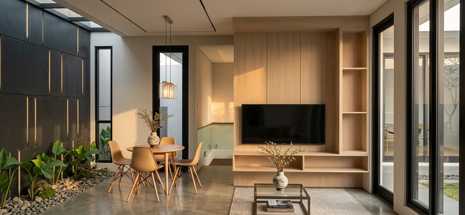 An incredibly lifelike, richly detailed, photorealistic wide-angle interior shot of a Japanese Zen-inspired living and dining area set in a tranquil modern residence during a gentle spring sunset. The scene is illuminated by the soft, warm golden glow of late-afternoon sunlight filtering through tall glass patio doors, balanced by subtle ambient illumination from a minimalist linear pendant light, creating a serene, balanced, and wabi-sabi-infused atmosphere. Captured with a 24mm tilt-shift architectural lens, emphasizing the tactile textures of matte charcoal slate wall cladding, natural light oak paneling, and smooth polished concrete flooring. On the left, a recessed indoor rock and moss garden flourishes with fresh green foliage beneath high ceilings, adjacent to a round wooden dining table and molded chairs. To the right, a custom floating media unit in pale timber frames a flush-mounted television, complemented by a low glass-and-metal coffee table displaying a ceramic Ikebana vase and curated photography books. The entire space harmonizes muted neutrals, deep architectural blacks, and lush natural greenery into an uncluttered, peaceful sanctuary.