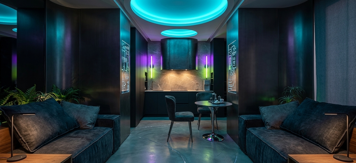 An incredibly lifelike, richly detailed, photorealistic wide-angle interior photograph of a cyber-eclectic fusion dining and living space set in a high-tech urban penthouse. The scene is illuminated by vibrant glows of electric cyan, ultraviolet, and acidic neon greens radiating from recessed circular ceiling bays and vertical LED sconces, creating an immersive, futuristic, and moody atmosphere. Captured with a full-frame architectural camera and a 24mm tilt-shift lens, emphasizing the contrasting textures of brushed dark metals, luminous holographic wall art panels, and plush distressed upholstery. In the foreground, symmetrical low-profile sofas draped in dark textiles and oversized pillows frame the perspective, guiding the eye across polished concrete floors toward an intimate dining set centered around a sleek chrome pedestal table and sculpted modern chairs. Beyond the dining area, the compact kitchenette alcove gleams with matte-black composite cabinetry, integrated ambient under-lighting, and a bold industrial range hood, effortlessly balancing raw grunge aesthetics with layered cyberpunk luxury and vibrant indoor foliage that catches the brilliant neon highlights.